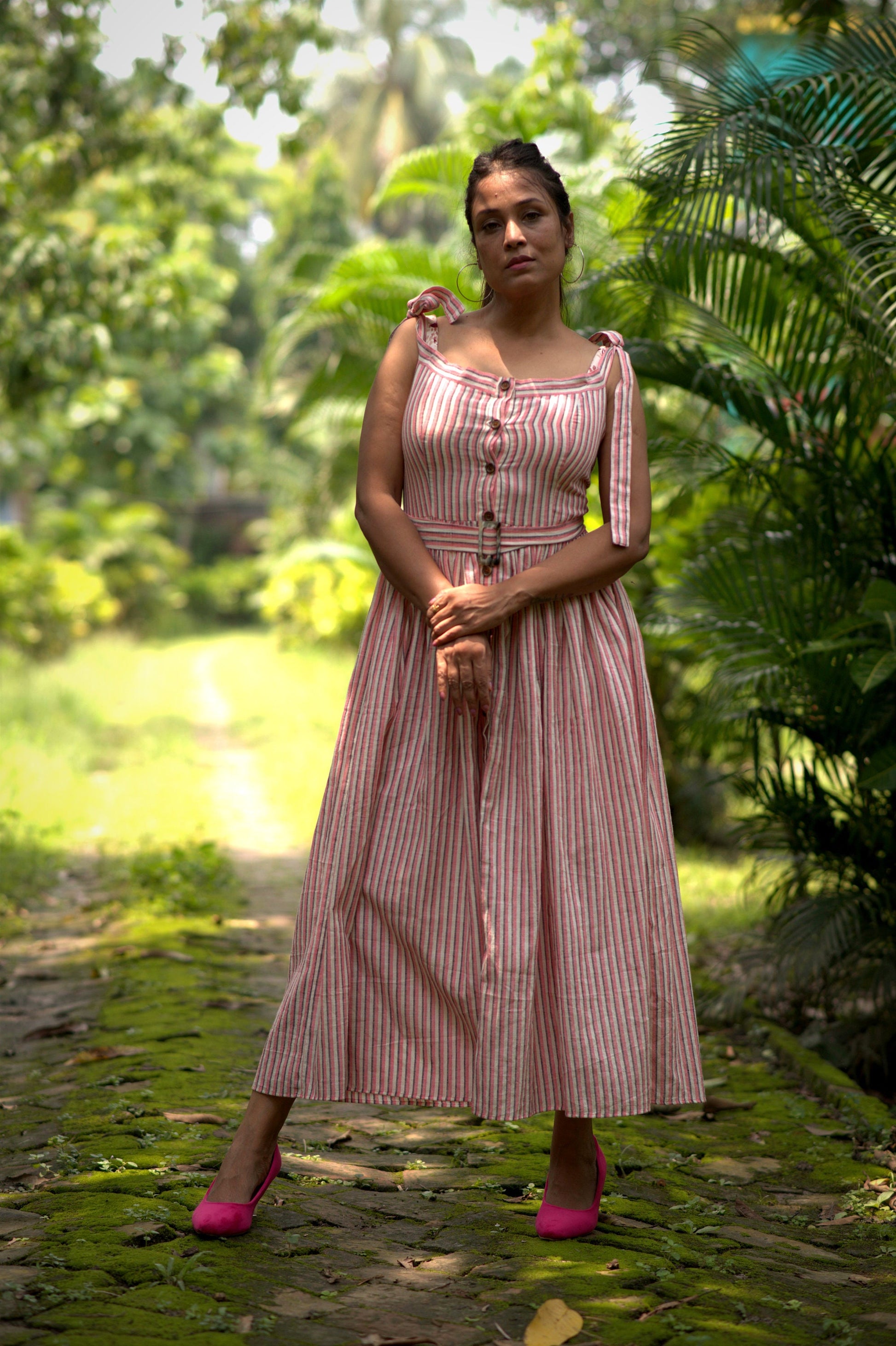 White Pink Cotton Striped Sleeveless Dress with Belted Waist