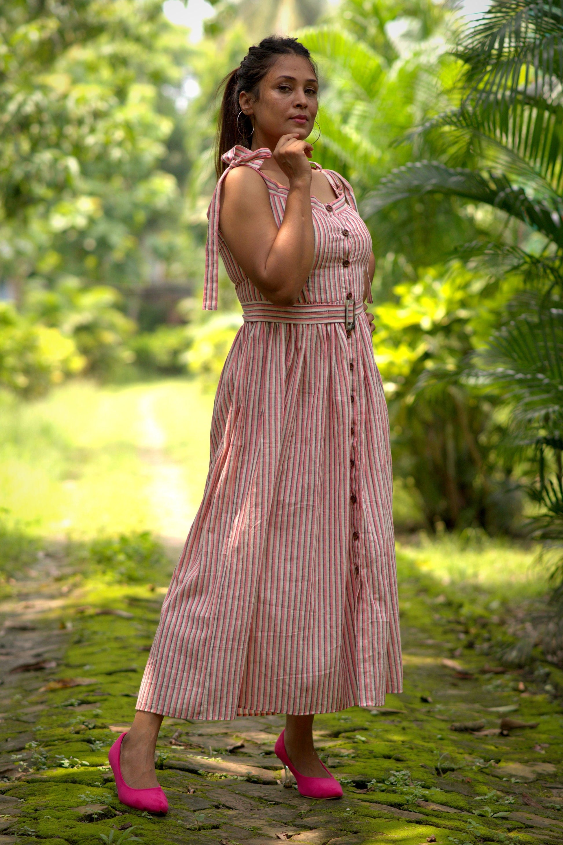 White Pink Cotton Striped Sleeveless Dress with Belted Waist