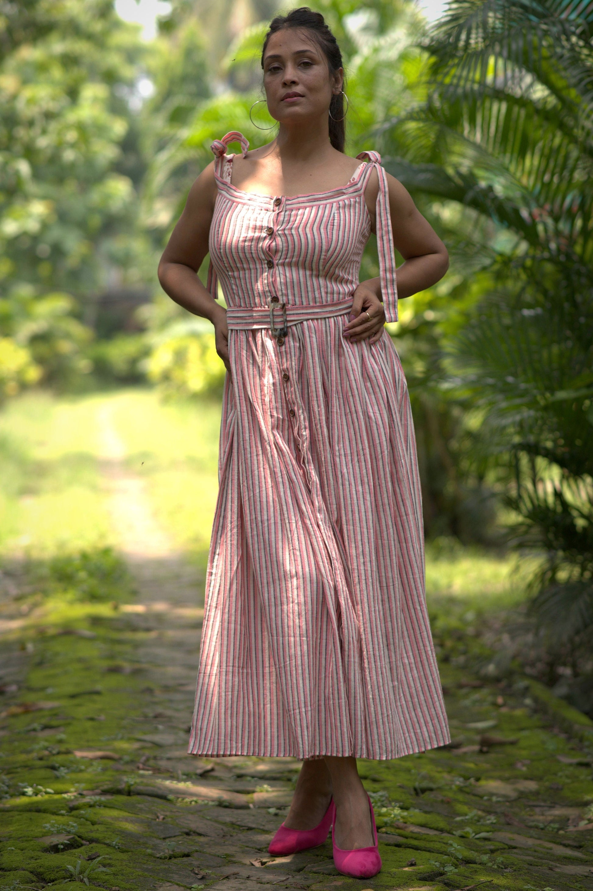White Pink Cotton Striped Sleeveless Dress with Belted Waist
