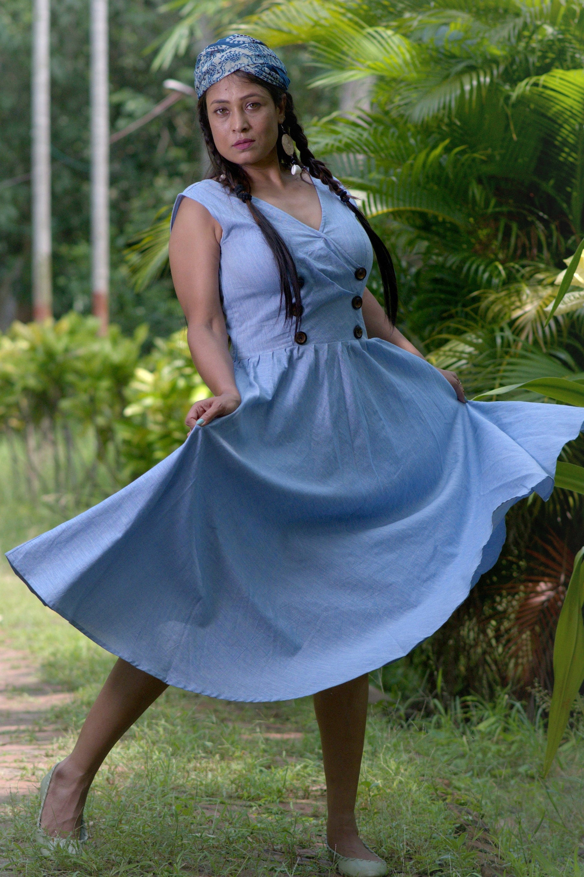 Mermaid's Quest Blue Double Breasted Cotton Linen Midi Dress - Summer Dress
