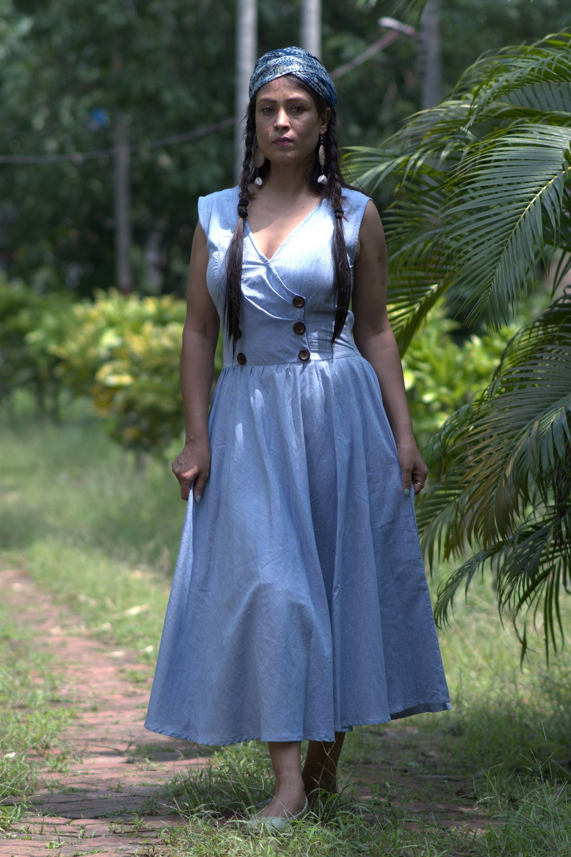 Mermaid's Quest Blue Double Breasted Cotton Linen Midi Dress - Summer Dress