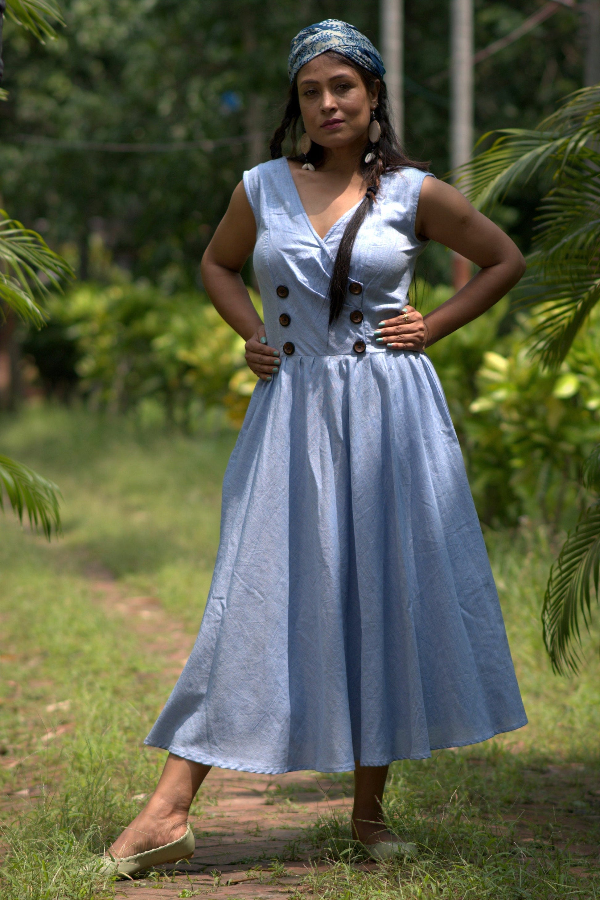 Mermaid's Quest Blue Double Breasted Cotton Linen Midi Dress - Summer Dress