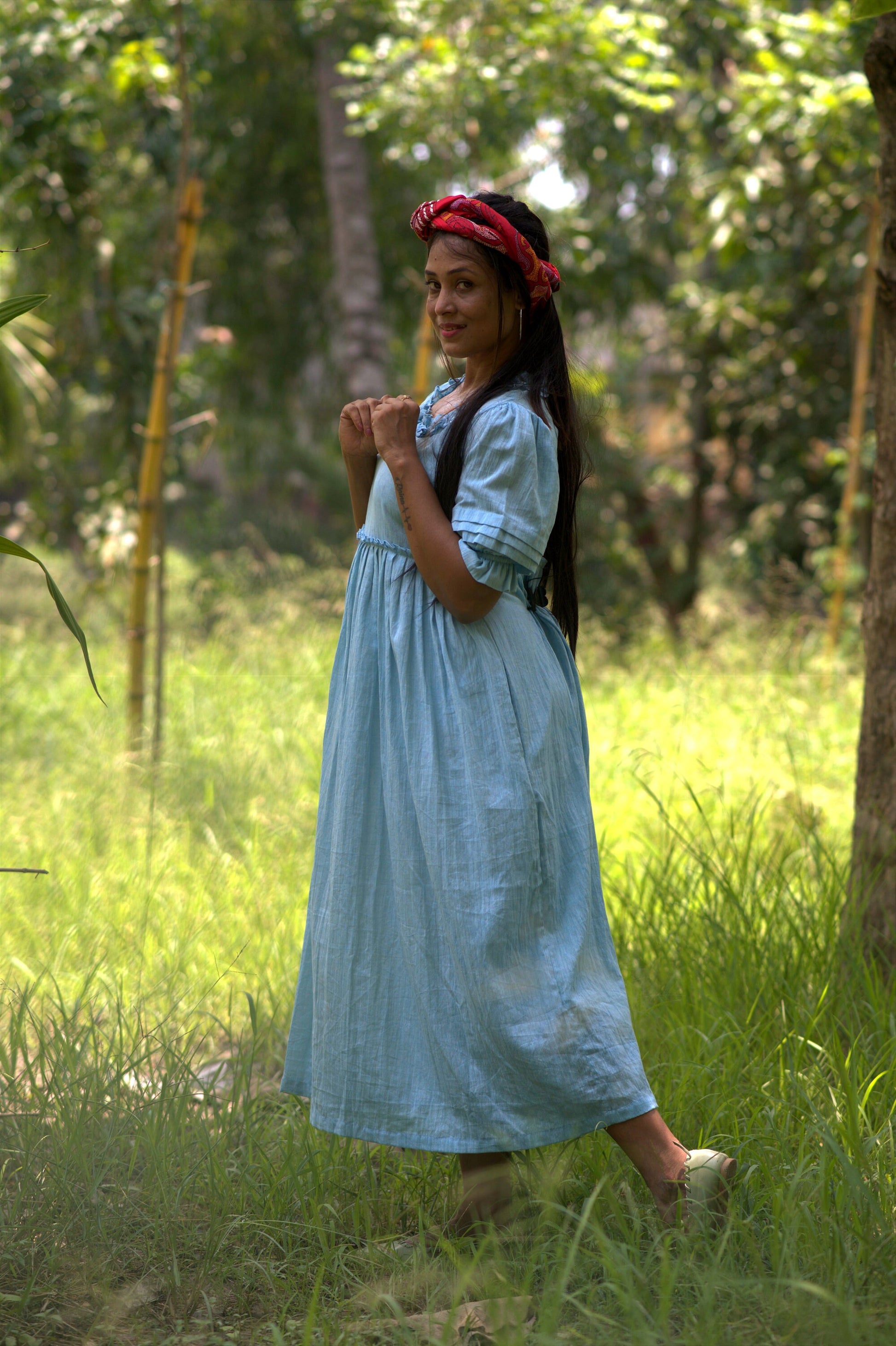Victorian Masquerade Blue Puff Sleeve Linen Cotton Dress - Party Wear