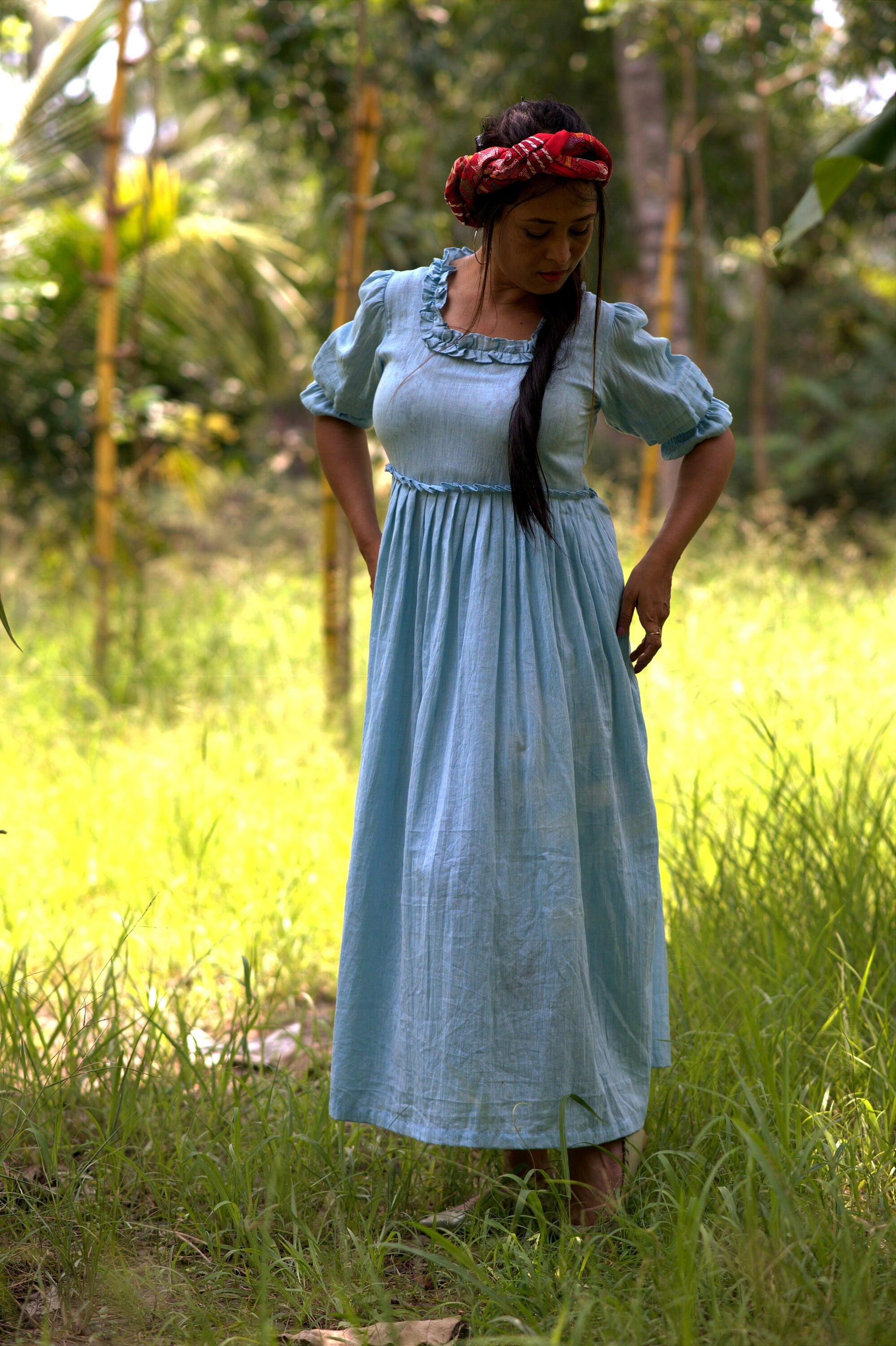 Victorian Masquerade Blue Puff Sleeve Linen Cotton Dress - Party Wear