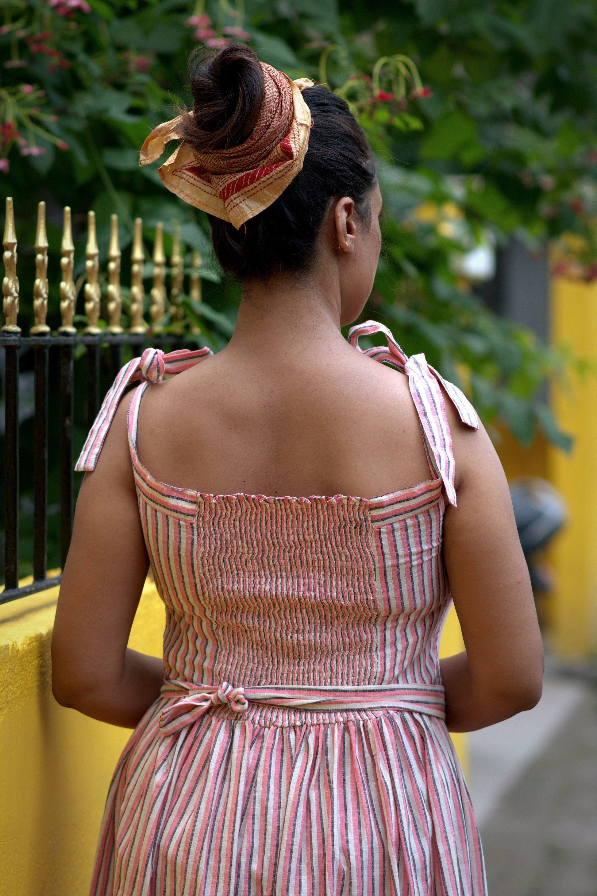 White Pink Cotton Striped Sleeveless Dress with Belted Waist