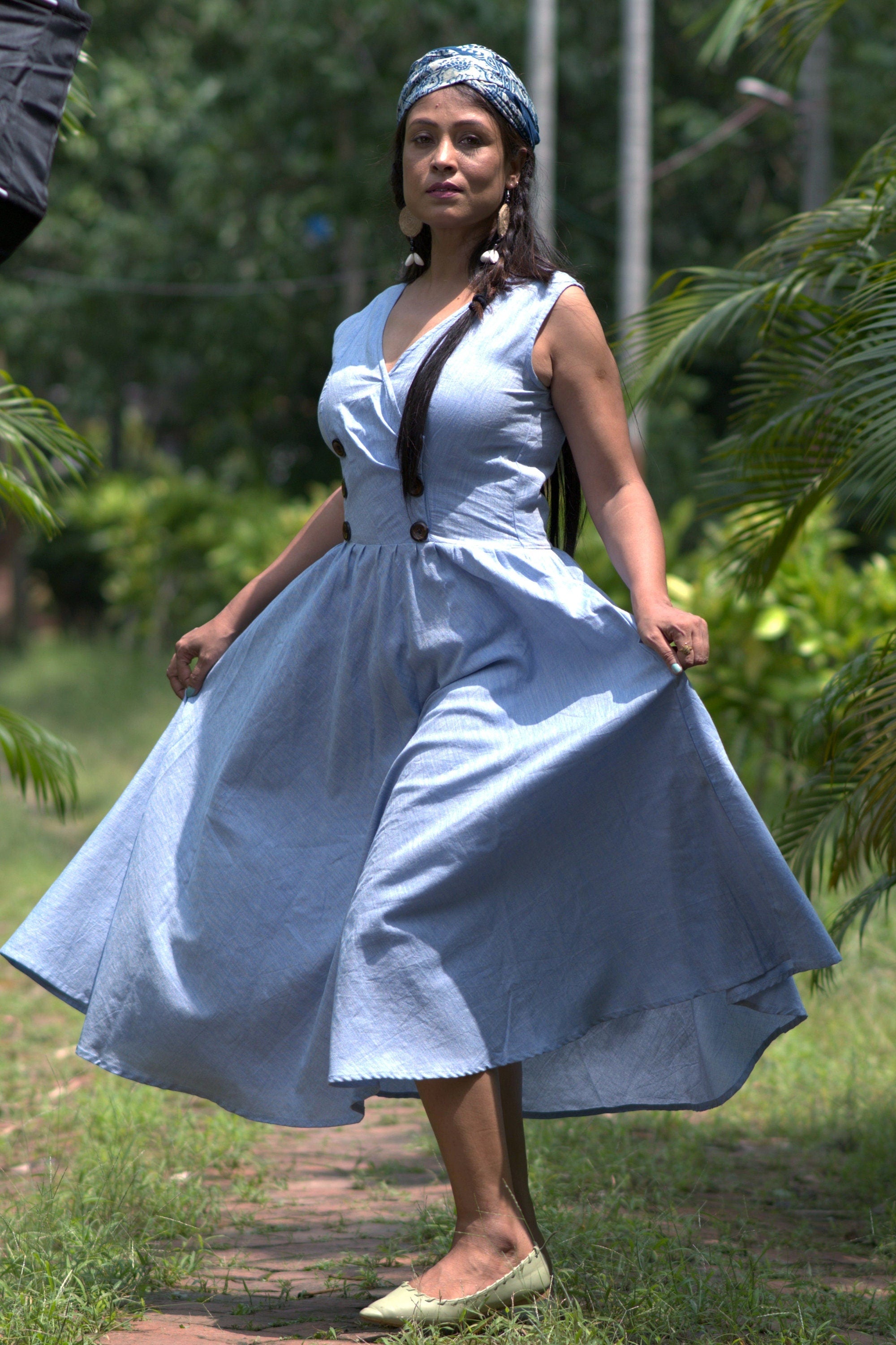 Mermaid's Quest Blue Double Breasted Cotton Linen Midi Dress - Summer Dress