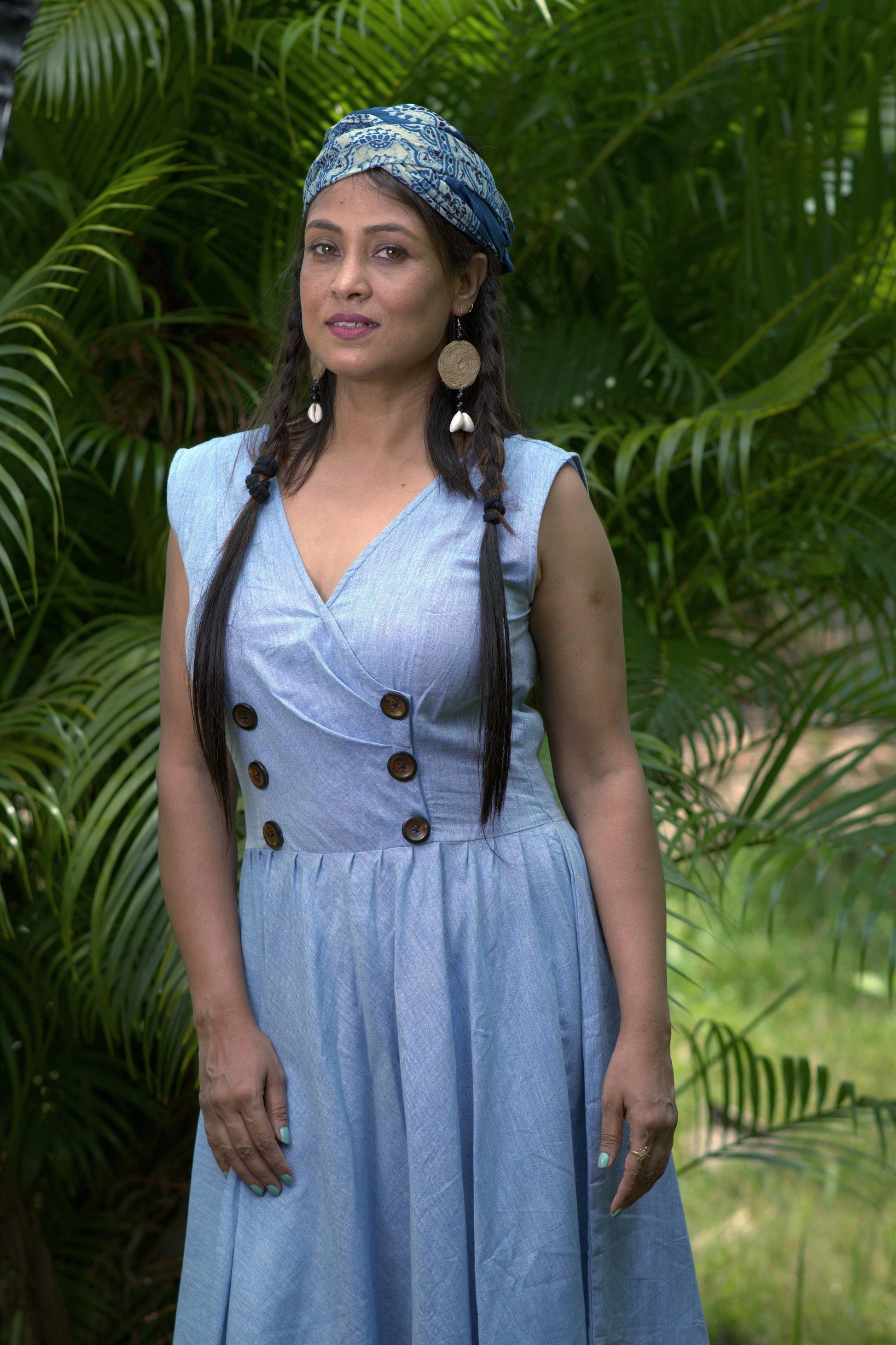Mermaid's Quest Blue Double Breasted Cotton Linen Midi Dress - Summer Dress