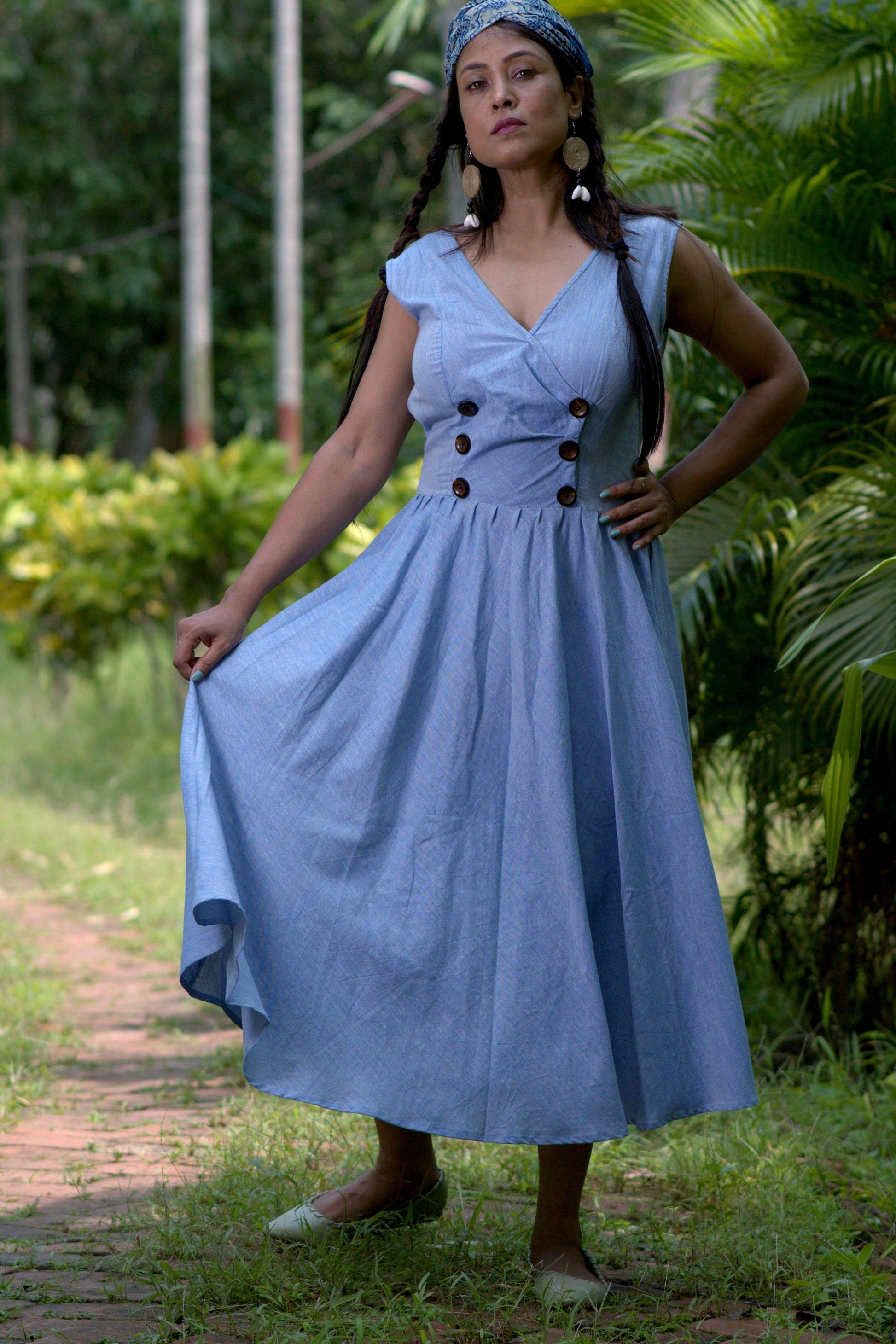 Mermaid's Quest Blue Double Breasted Cotton Linen Midi Dress - Summer Dress