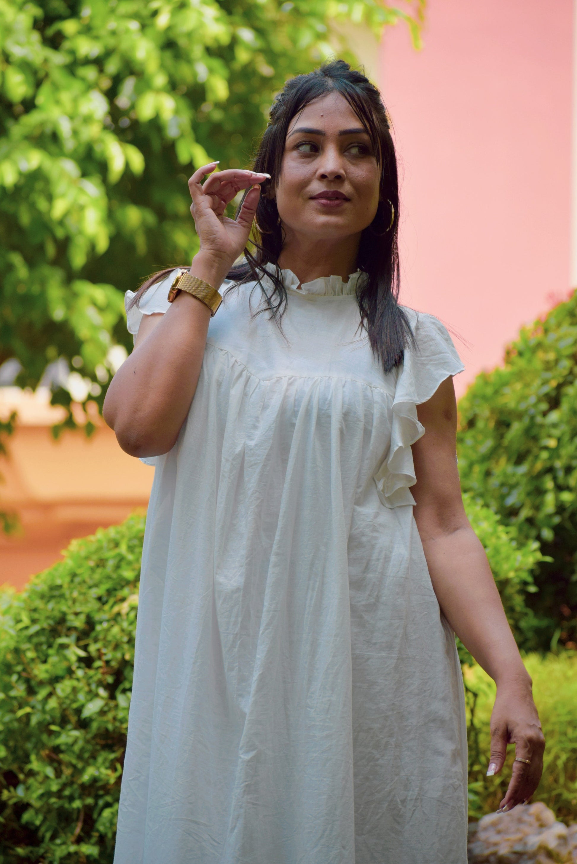 Anemones Flight White Muslin Cotton Maxi Dress with Ruffled Cap Sleeves - Summer Dress