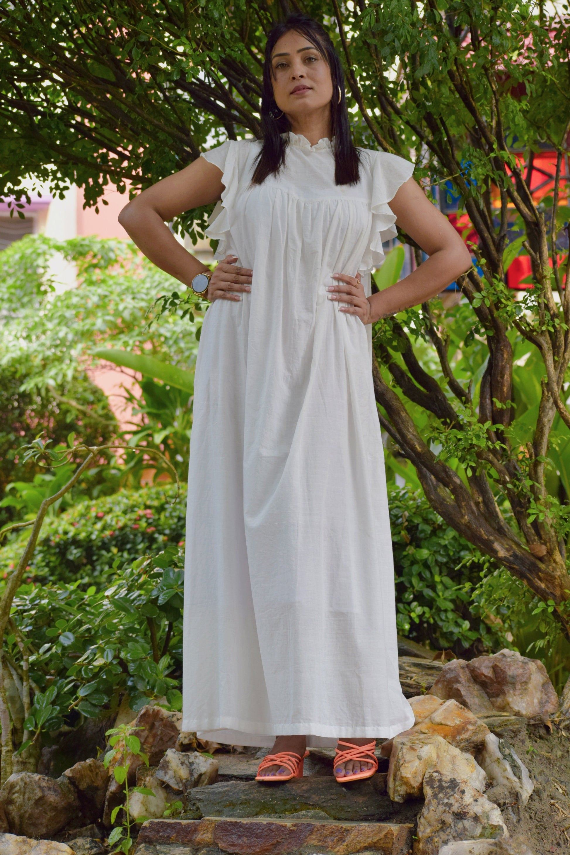 Anemones Flight White Muslin Cotton Maxi Dress with Ruffled Cap Sleeves - Summer Dress