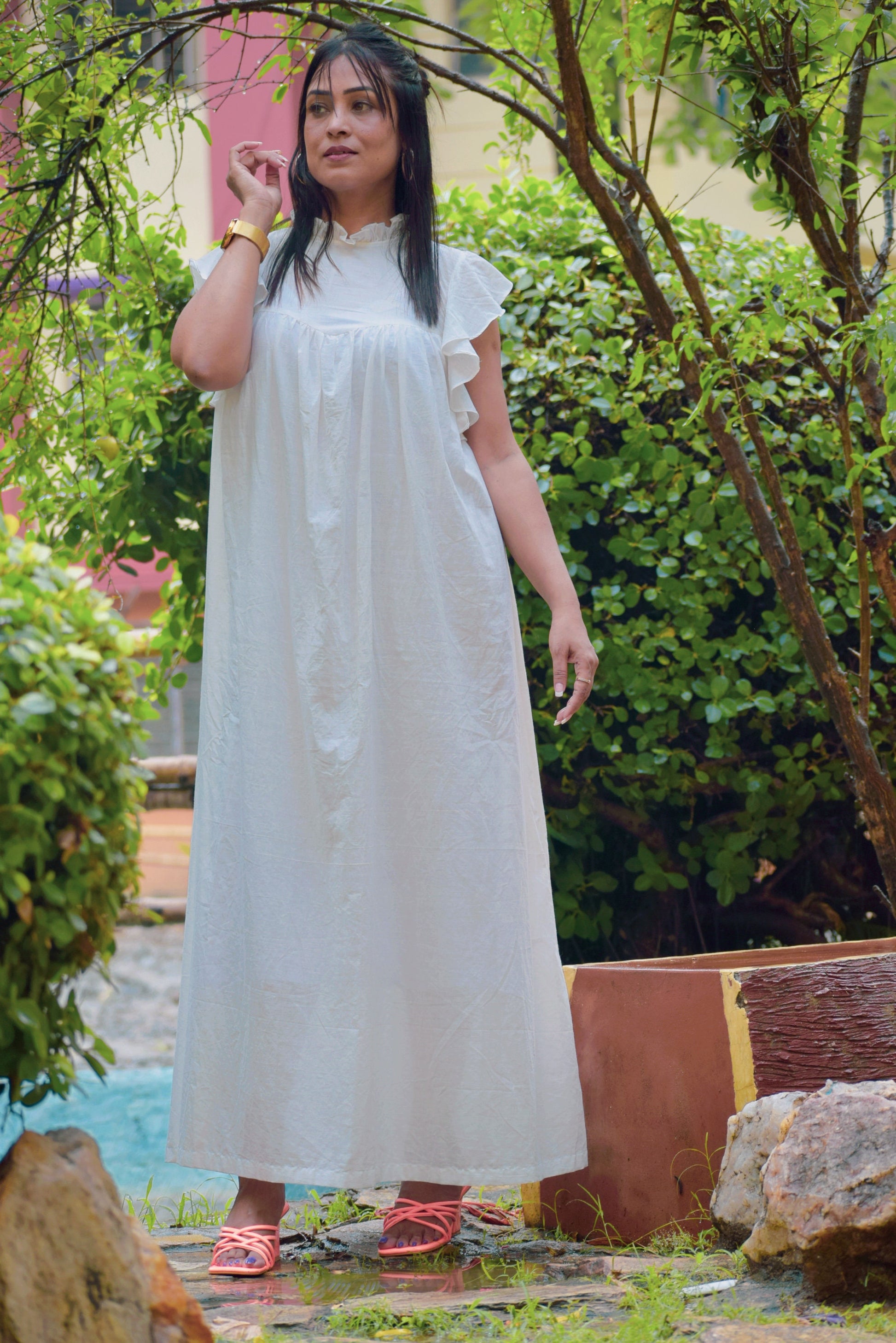 Anemones Flight White Muslin Cotton Maxi Dress with Ruffled Cap Sleeves - Summer Dress