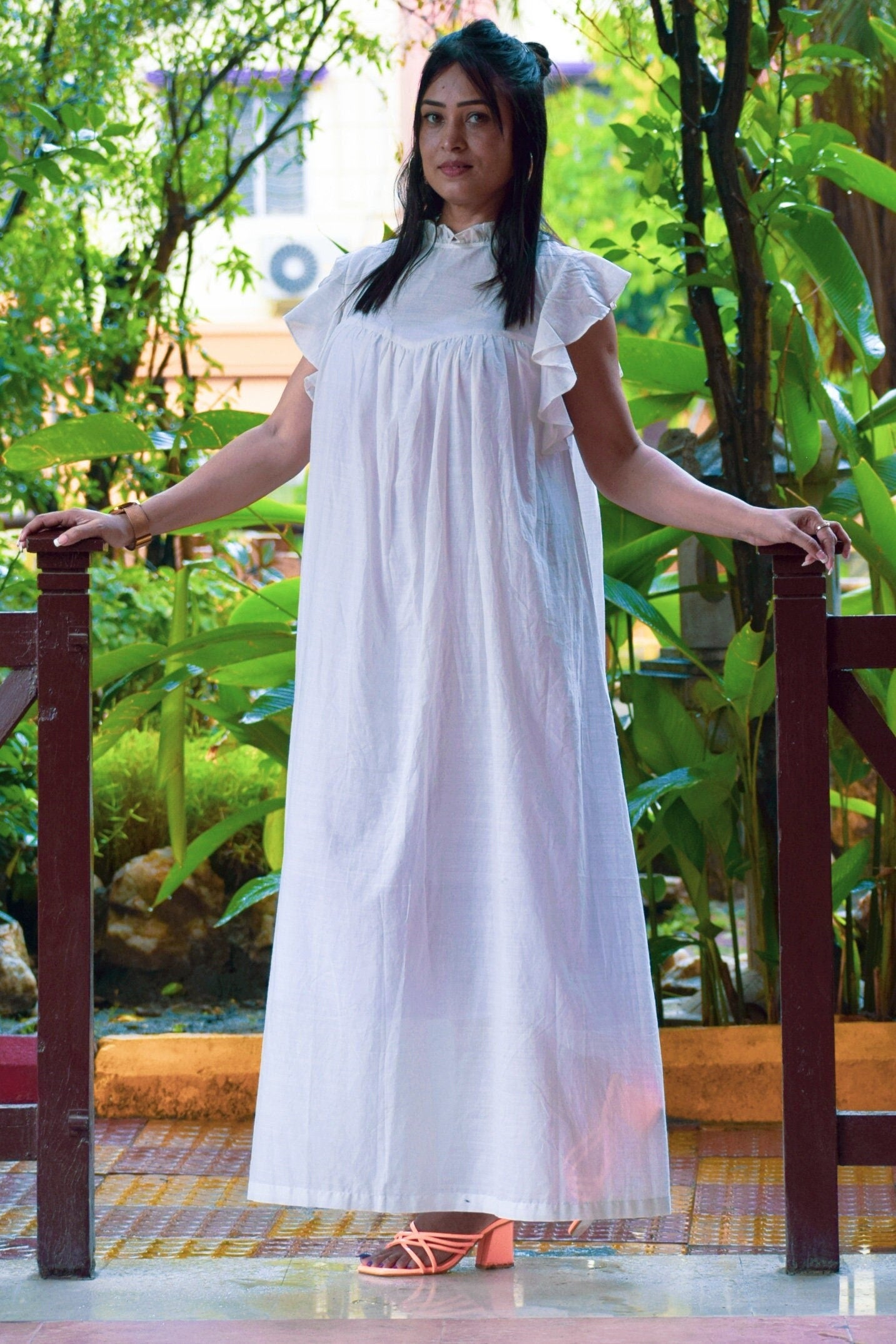 Anemones Flight White Muslin Cotton Maxi Dress with Ruffled Cap Sleeves - Summer Dress