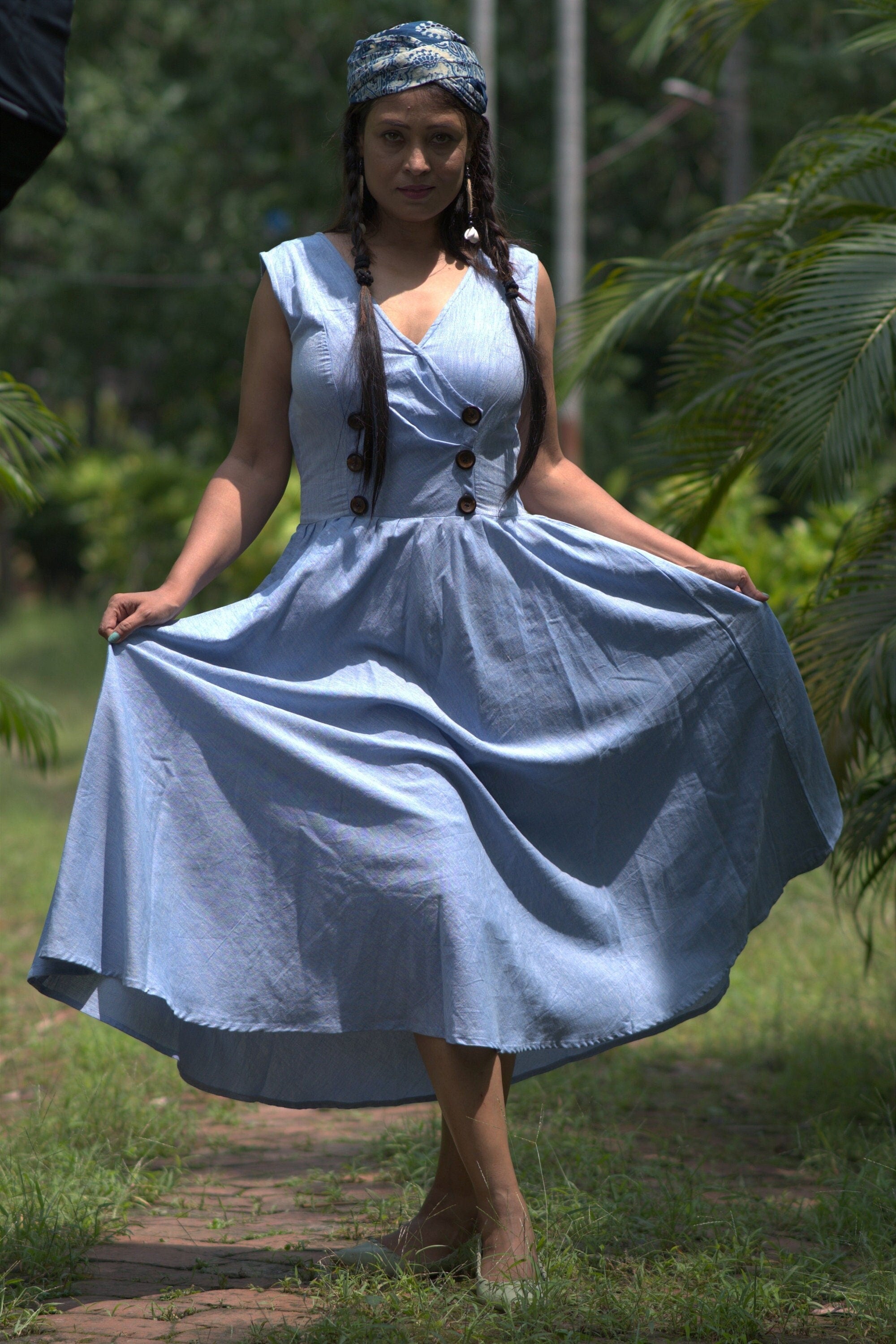 Mermaid's Quest Blue Double Breasted Cotton Linen Midi Dress - Summer Dress