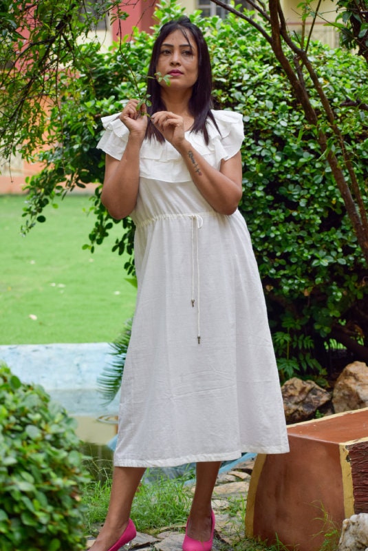 Ivory White Muslin Cotton Ruffled Sleeve Long Designer Dress