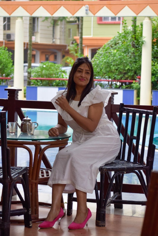 Ivory White Muslin Cotton Ruffled Sleeve Long Designer Dress