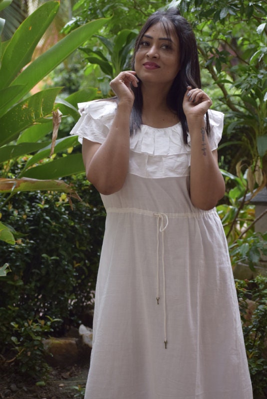 Ivory White Muslin Cotton Ruffled Sleeve Long Designer Dress