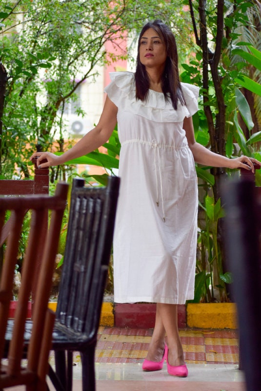 Ivory White Muslin Cotton Ruffled Sleeve Long Designer Dress