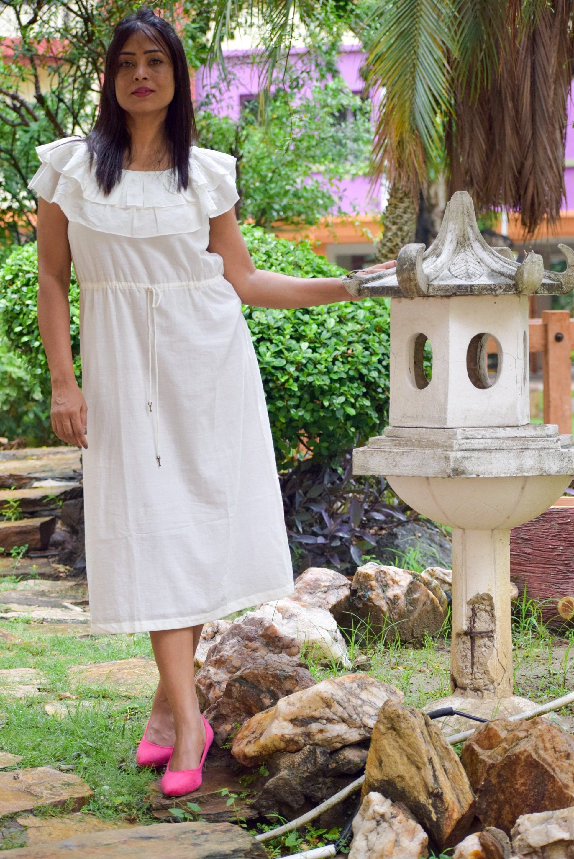 Ivory White Muslin Cotton Ruffled Sleeve Long Designer Dress