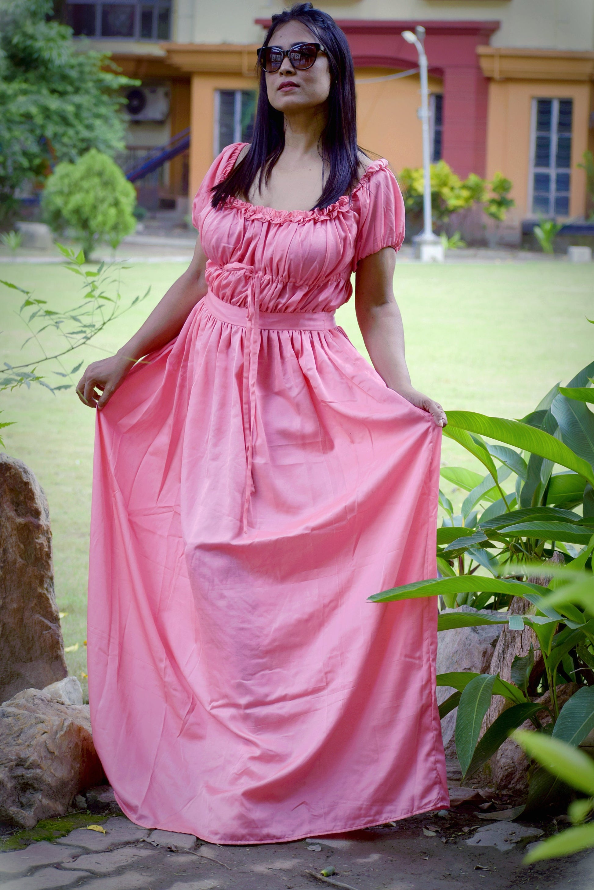 Time's Epilogue Pink Satin Silk Corset Maxi Dress - Party Wear