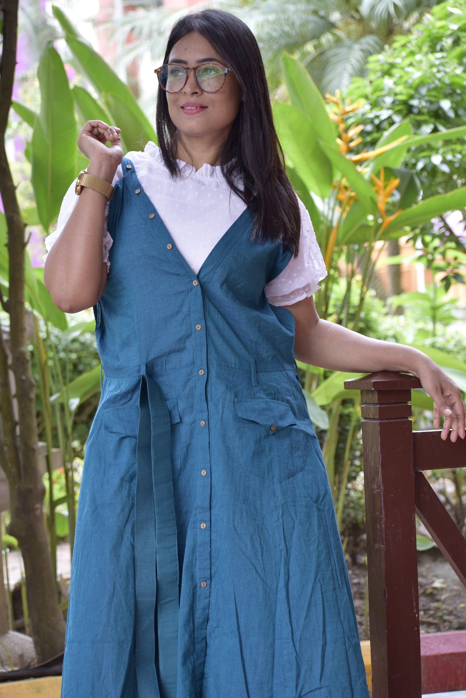 Valentine Flame Blue V-Neck Cotton Indo Western Dress - Summer Dress