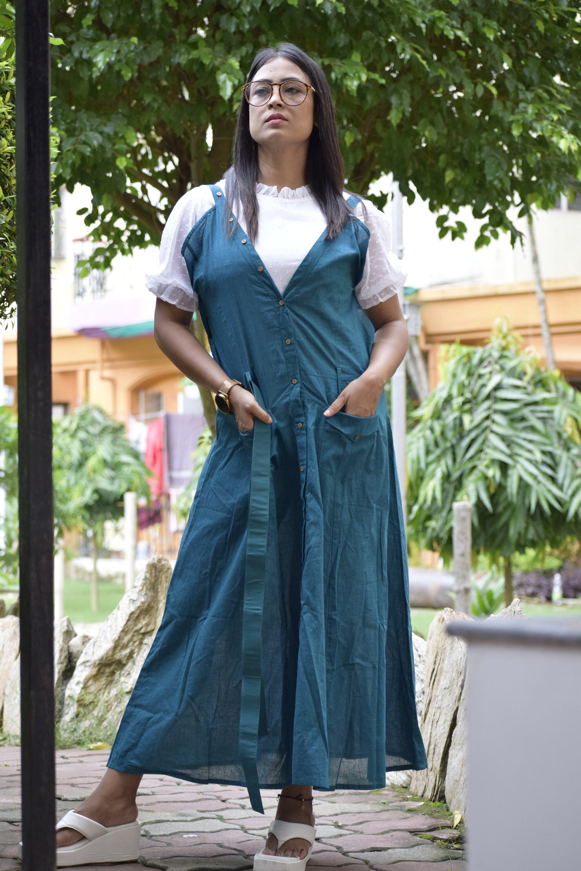Valentine Flame Blue V-Neck Cotton Indo Western Dress - Summer Dress