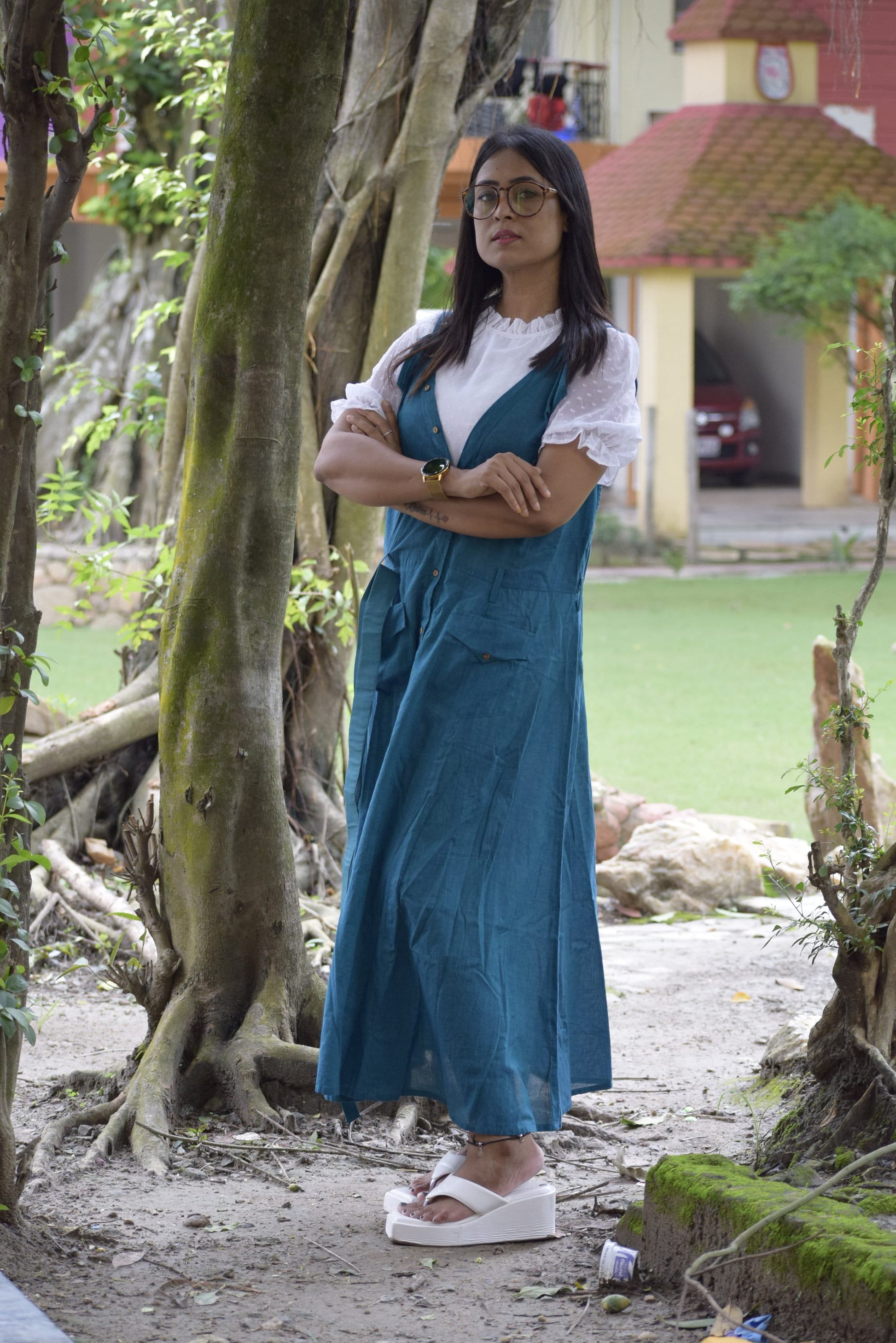 Valentine Flame Blue V-Neck Cotton Indo Western Dress - Summer Dress
