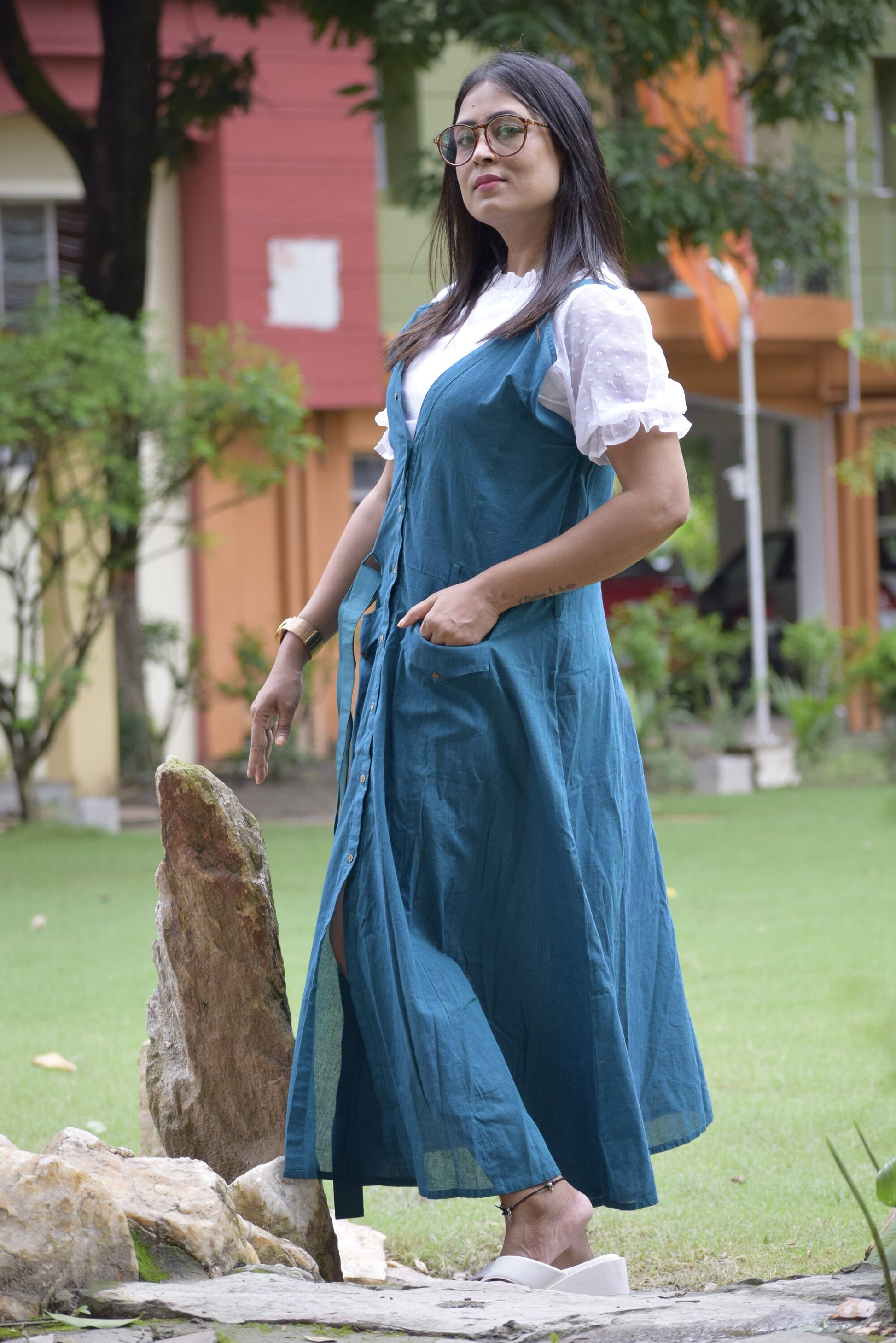 Valentine Flame Blue V-Neck Cotton Indo Western Dress - Summer Dress