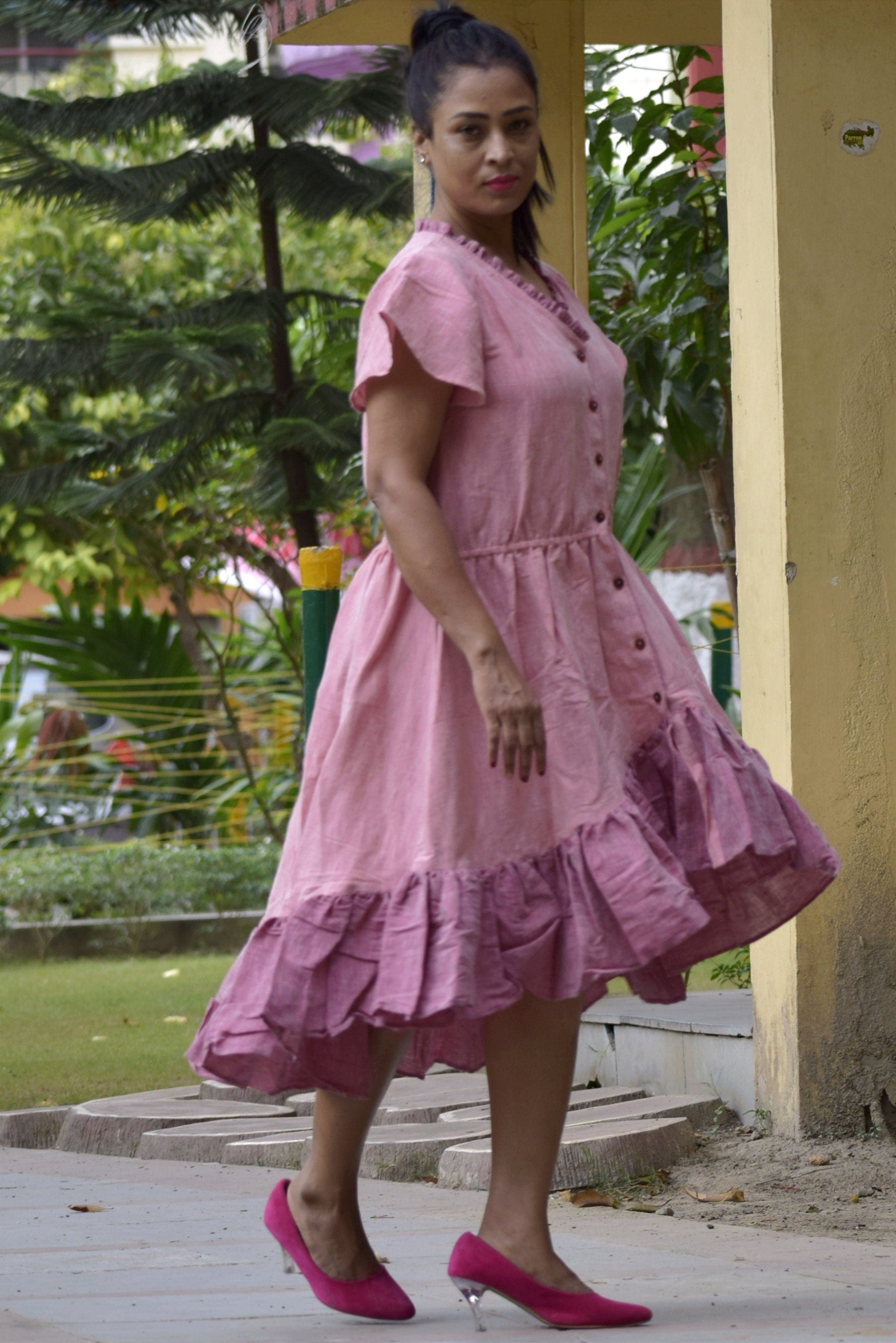 Distant Shores Pink Linen Cotton Asymmetrical Swing Dress - Flutter Sleeves