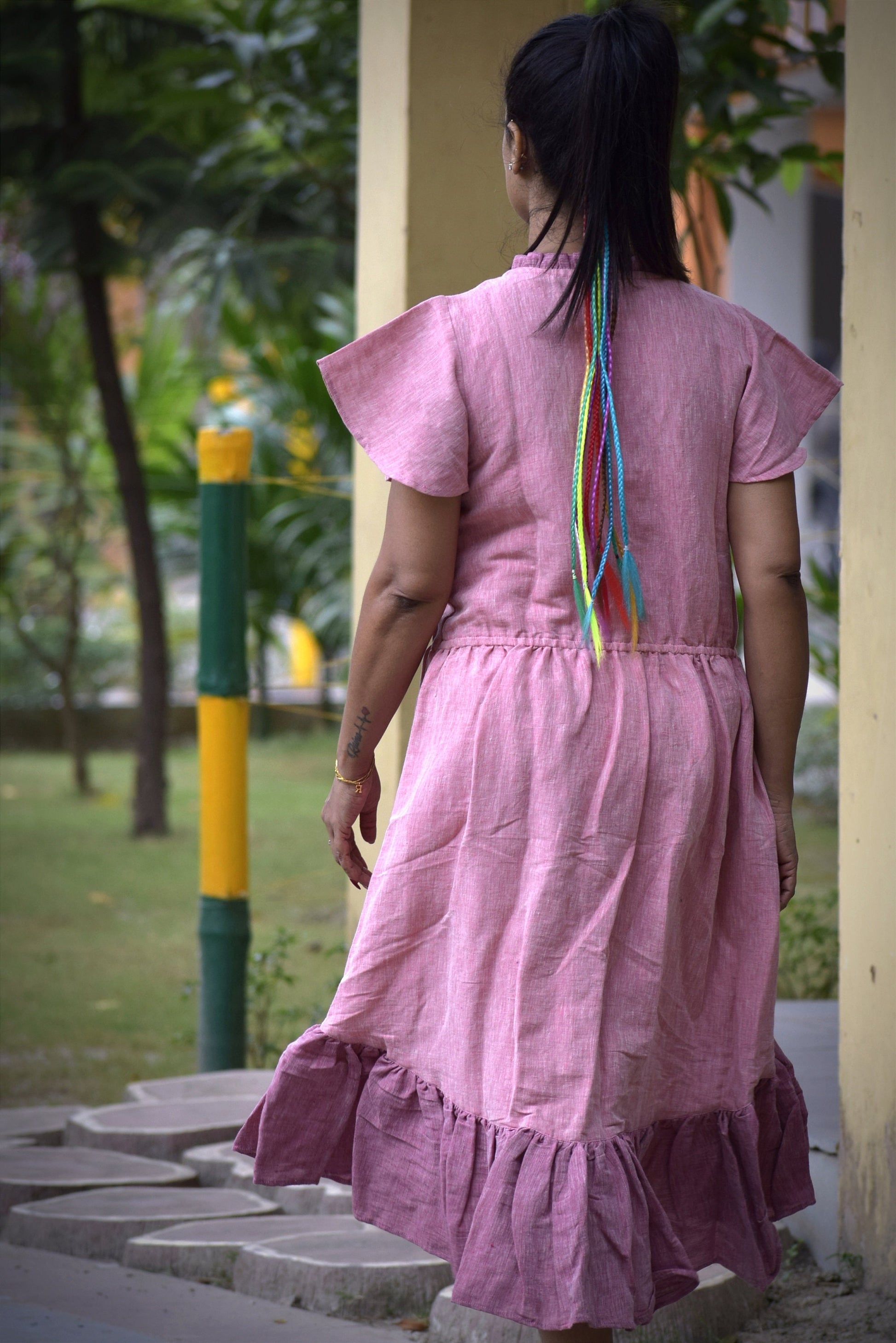 Distant Shores Pink Linen Cotton Asymmetrical Swing Dress - Flutter Sleeves