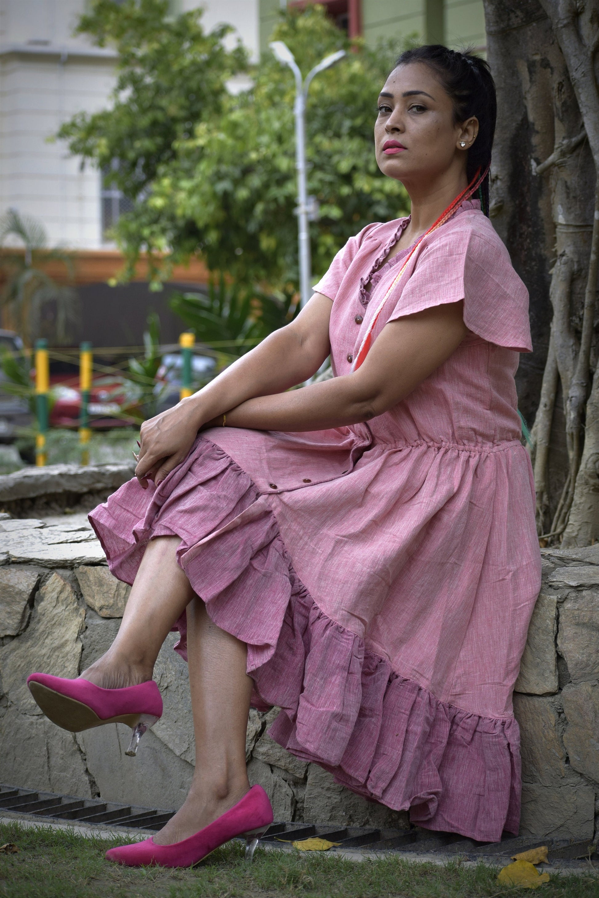 Distant Shores Pink Linen Cotton Asymmetrical Swing Dress - Flutter Sleeves