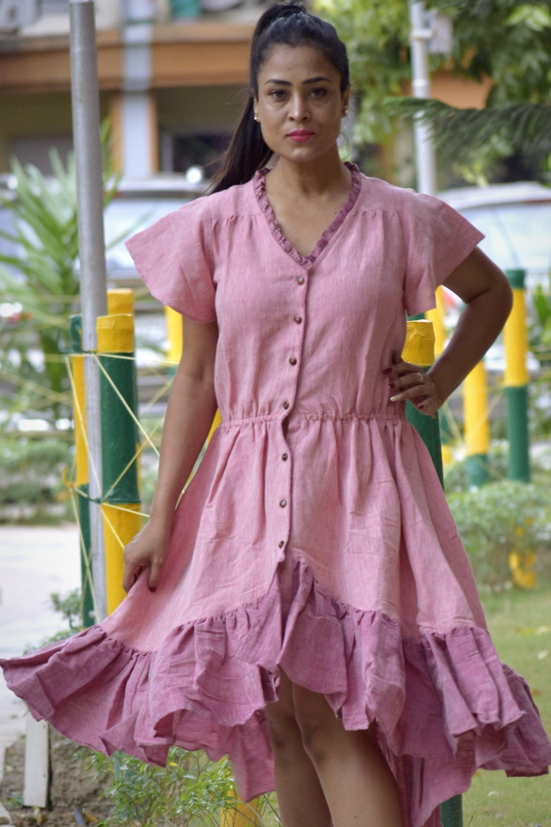 Distant Shores Pink Linen Cotton Asymmetrical Swing Dress - Flutter Sleeves