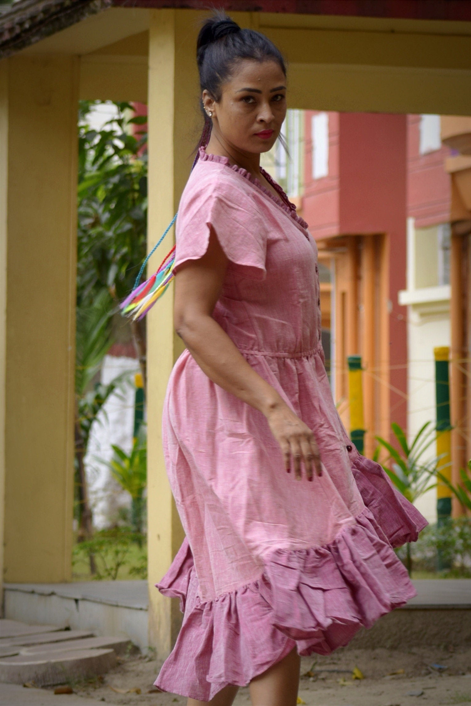 Distant Shores Pink Linen Cotton Asymmetrical Swing Dress - Flutter Sleeves