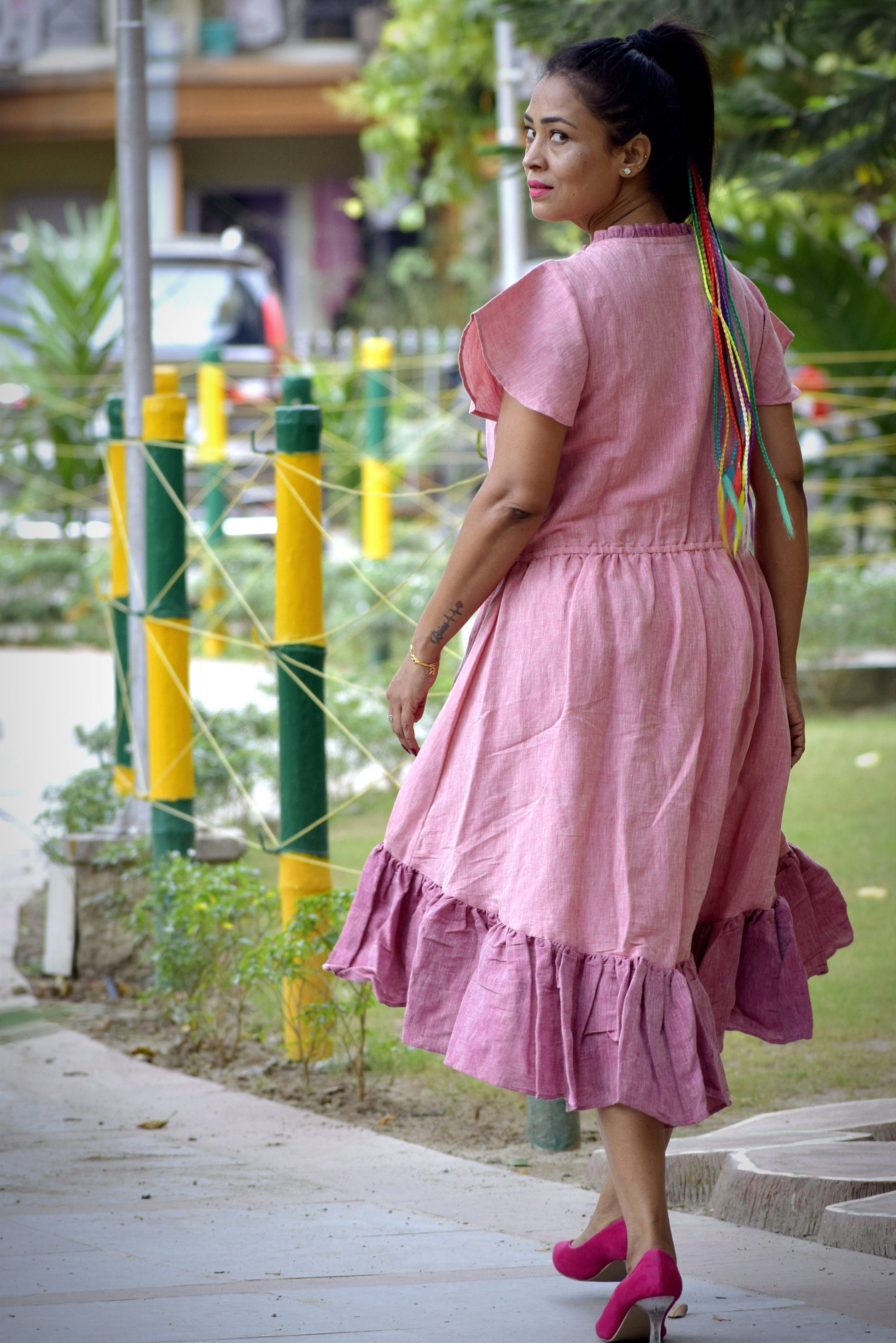 Distant Shores Pink Linen Cotton Asymmetrical Swing Dress - Flutter Sleeves