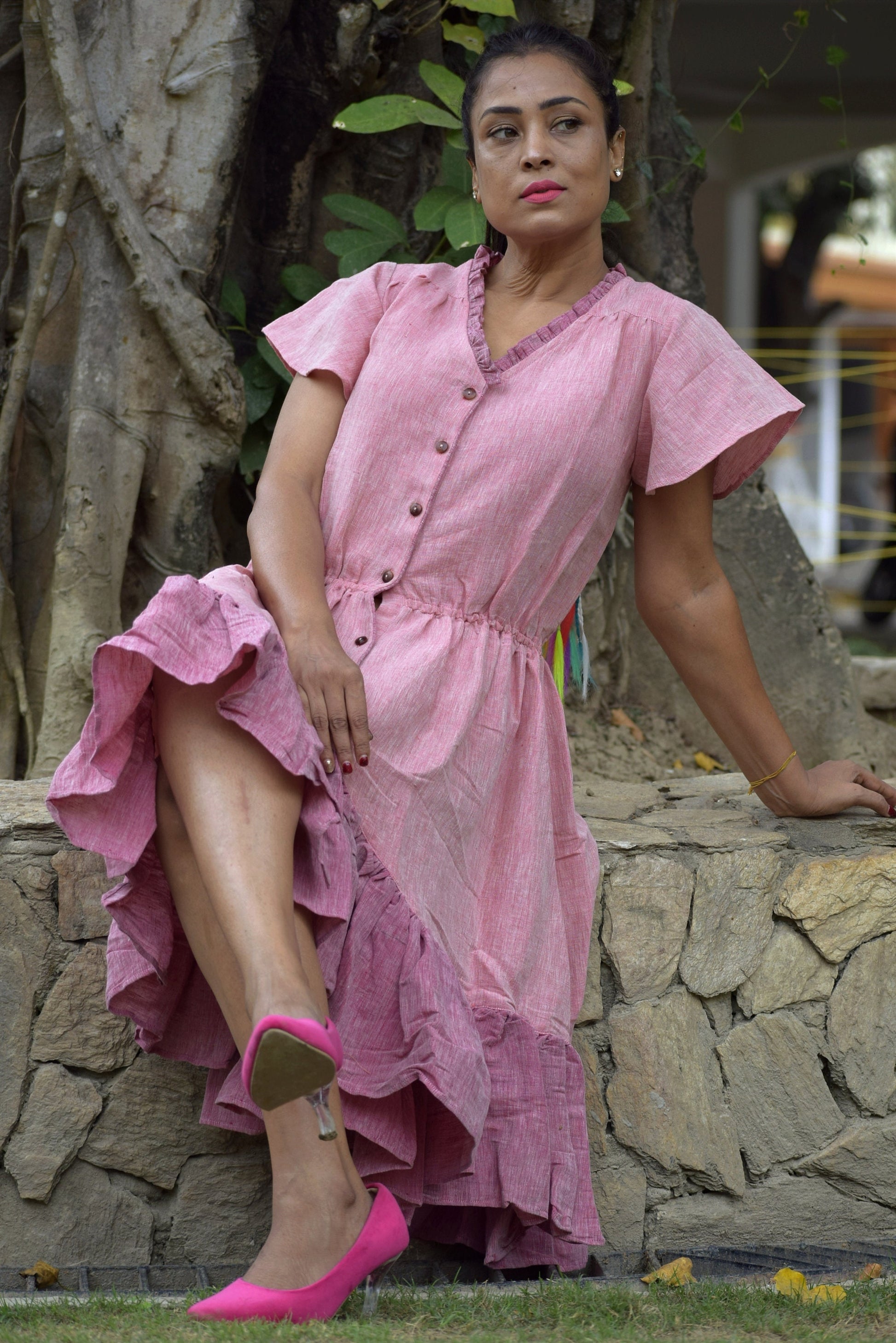 Distant Shores Pink Linen Cotton Asymmetrical Swing Dress - Flutter Sleeves