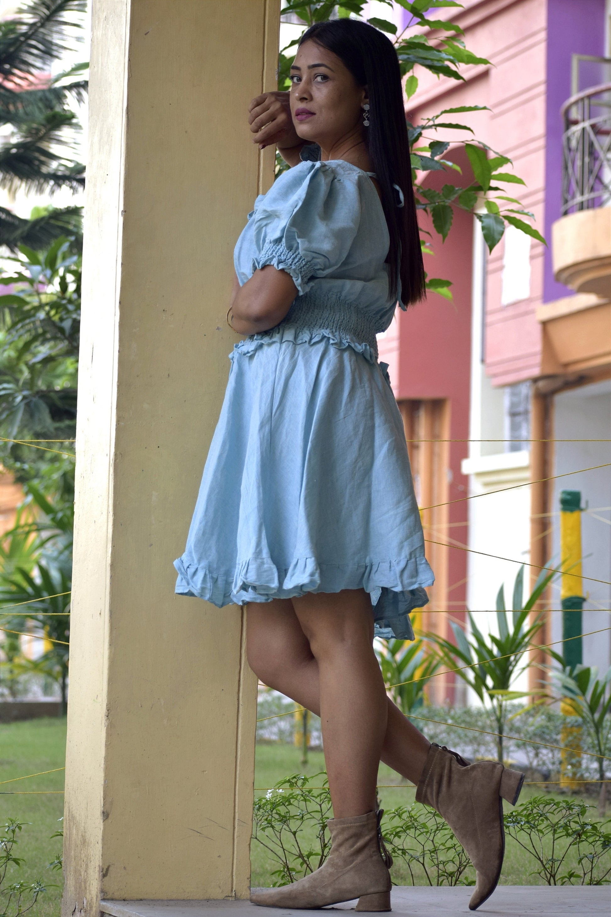 Arctic Ice Blue Puff Sleeve Cotton Linen Midi Swing Dress - Square Neck