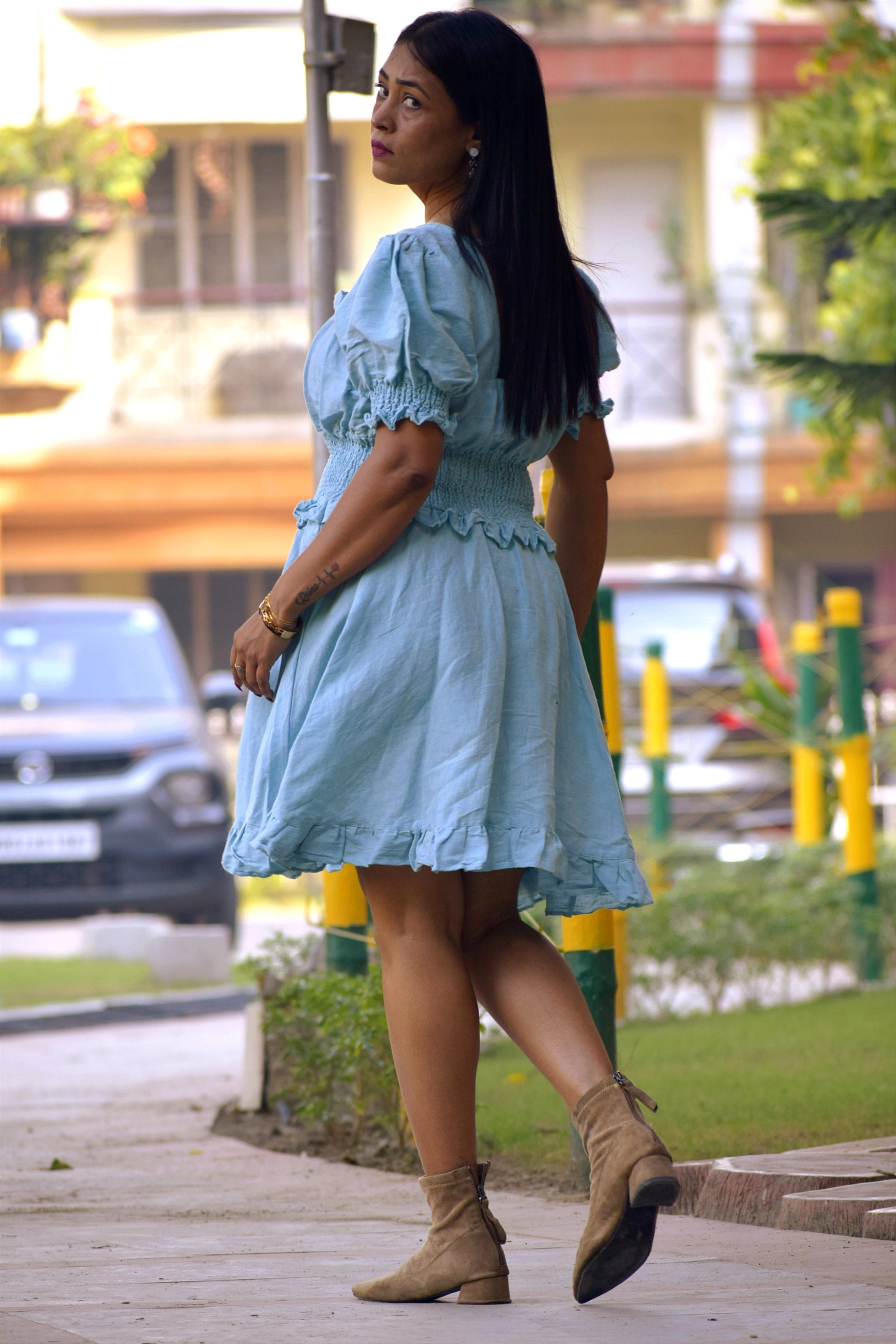 Arctic Ice Blue Puff Sleeve Cotton Linen Midi Swing Dress - Square Neck