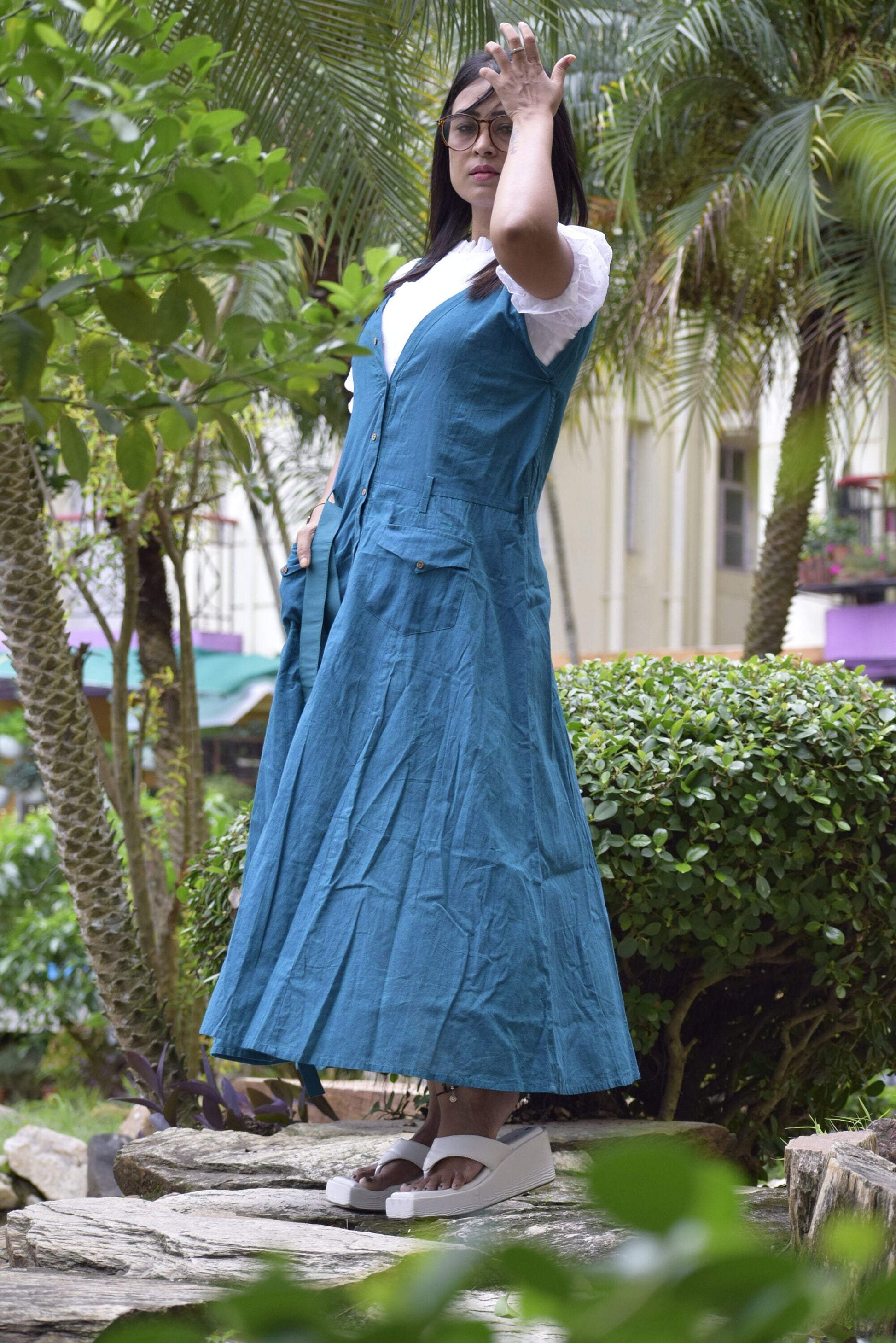 Valentine Flame Blue V-Neck Cotton Indo Western Dress - Summer Dress