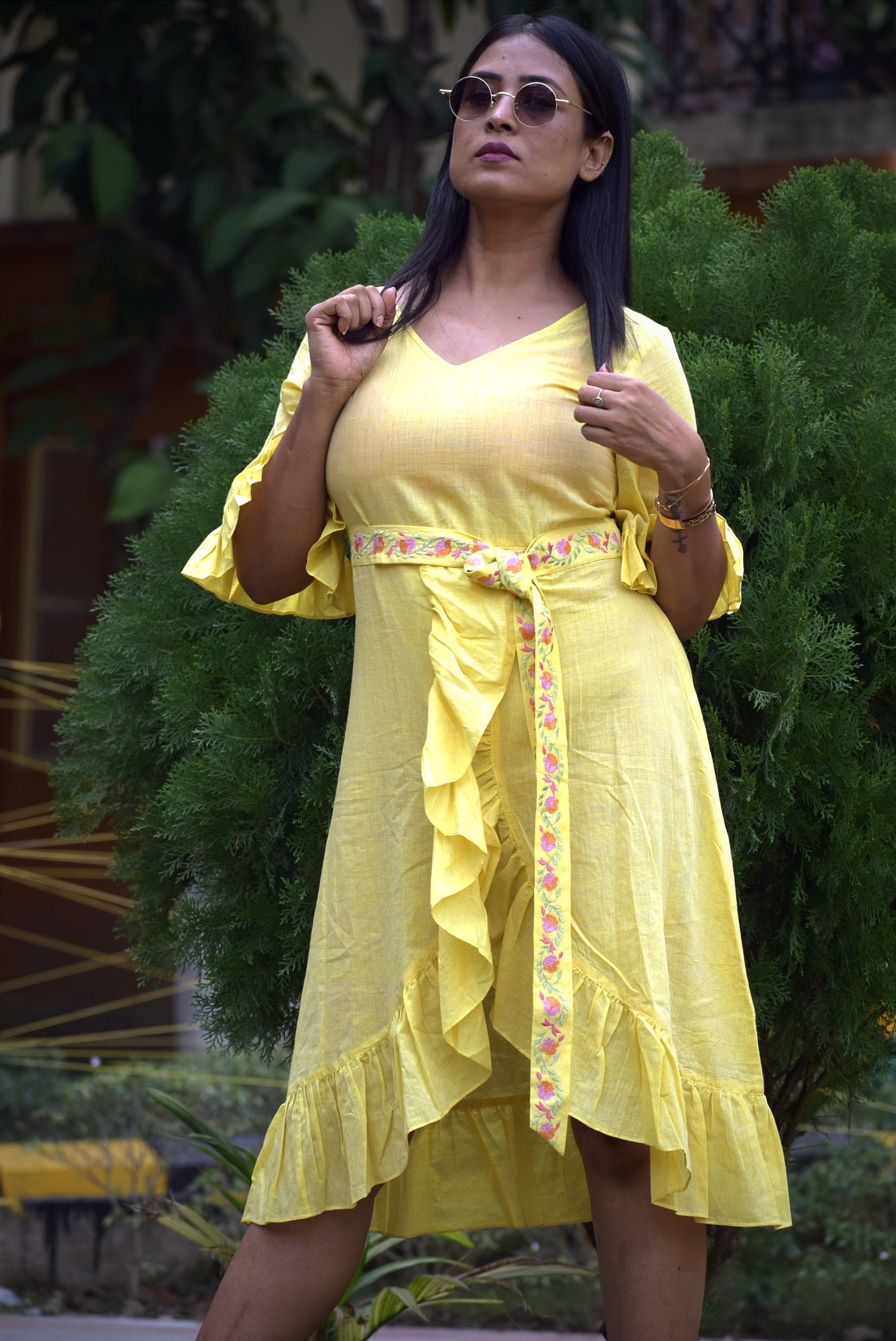 Yellow Pastel Linen Cotton Ruffled Bell Sleeve Midi Dress Embroidered Belt