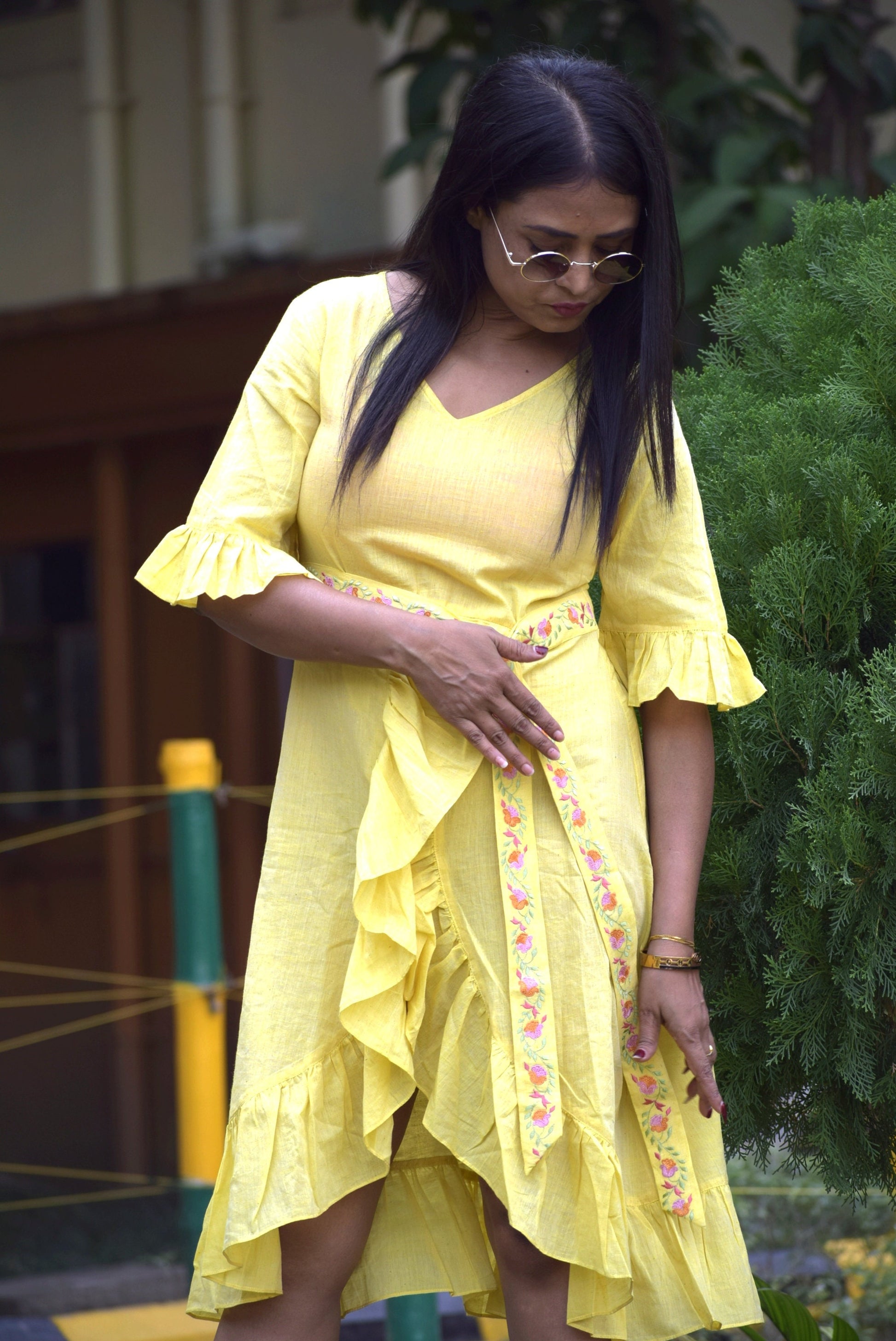 Yellow Pastel Linen Cotton Ruffled Bell Sleeve Midi Dress Embroidered Belt