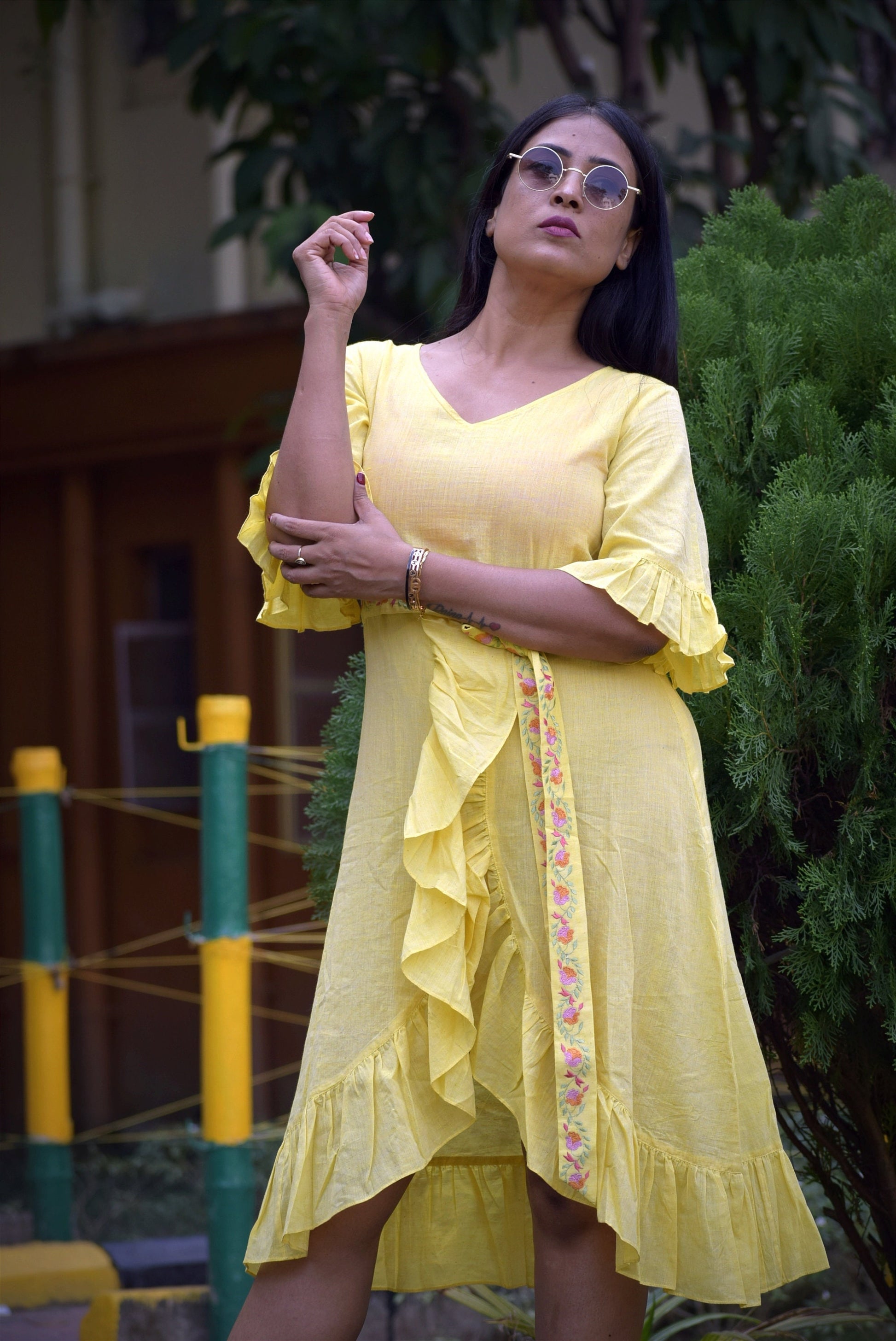 Yellow Pastel Linen Cotton Ruffled Bell Sleeve Midi Dress Embroidered Belt