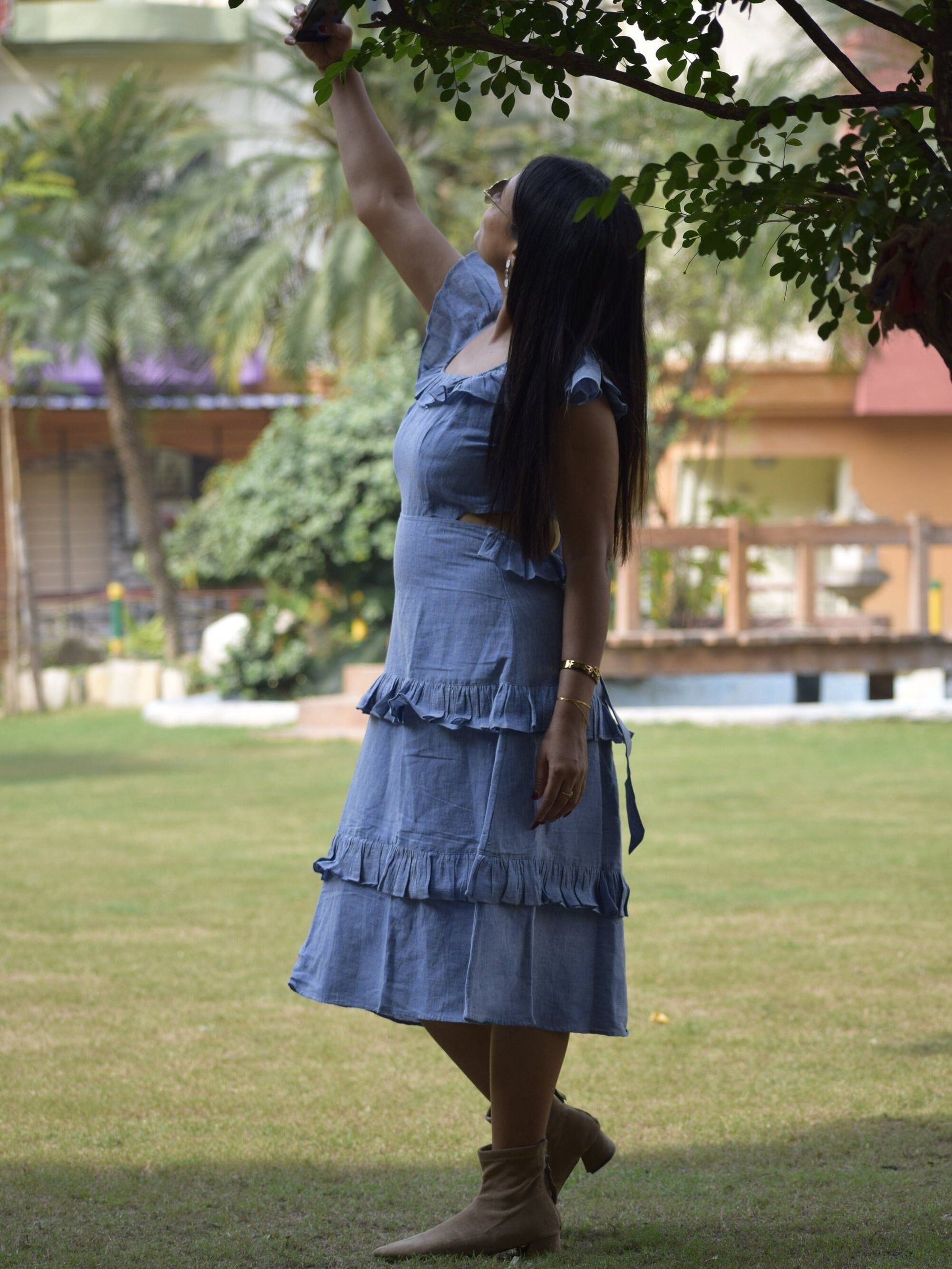 Madrid Sun Blue Multi-Tiered Linen Cotton Swing Dress - Frilled Sleeves
