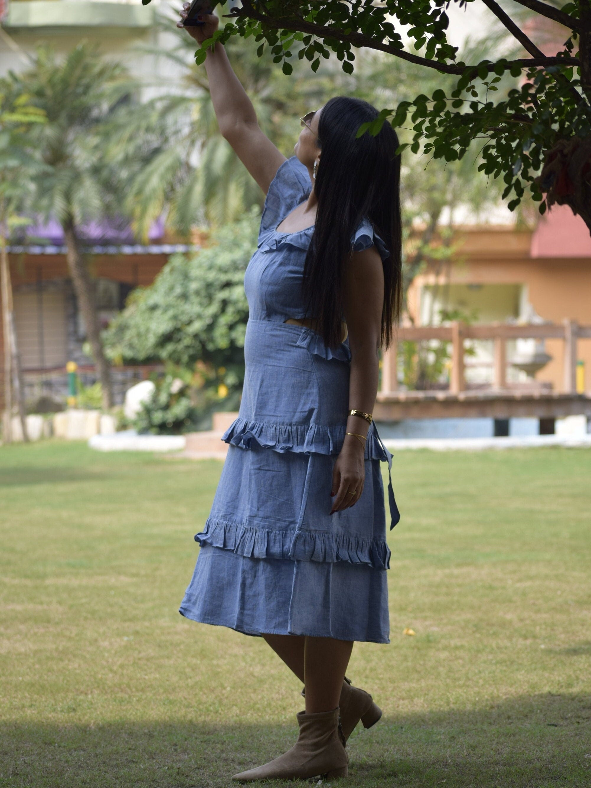Madrid Sun Blue Multi-Tiered Linen Cotton Swing Dress - Frilled Sleeves