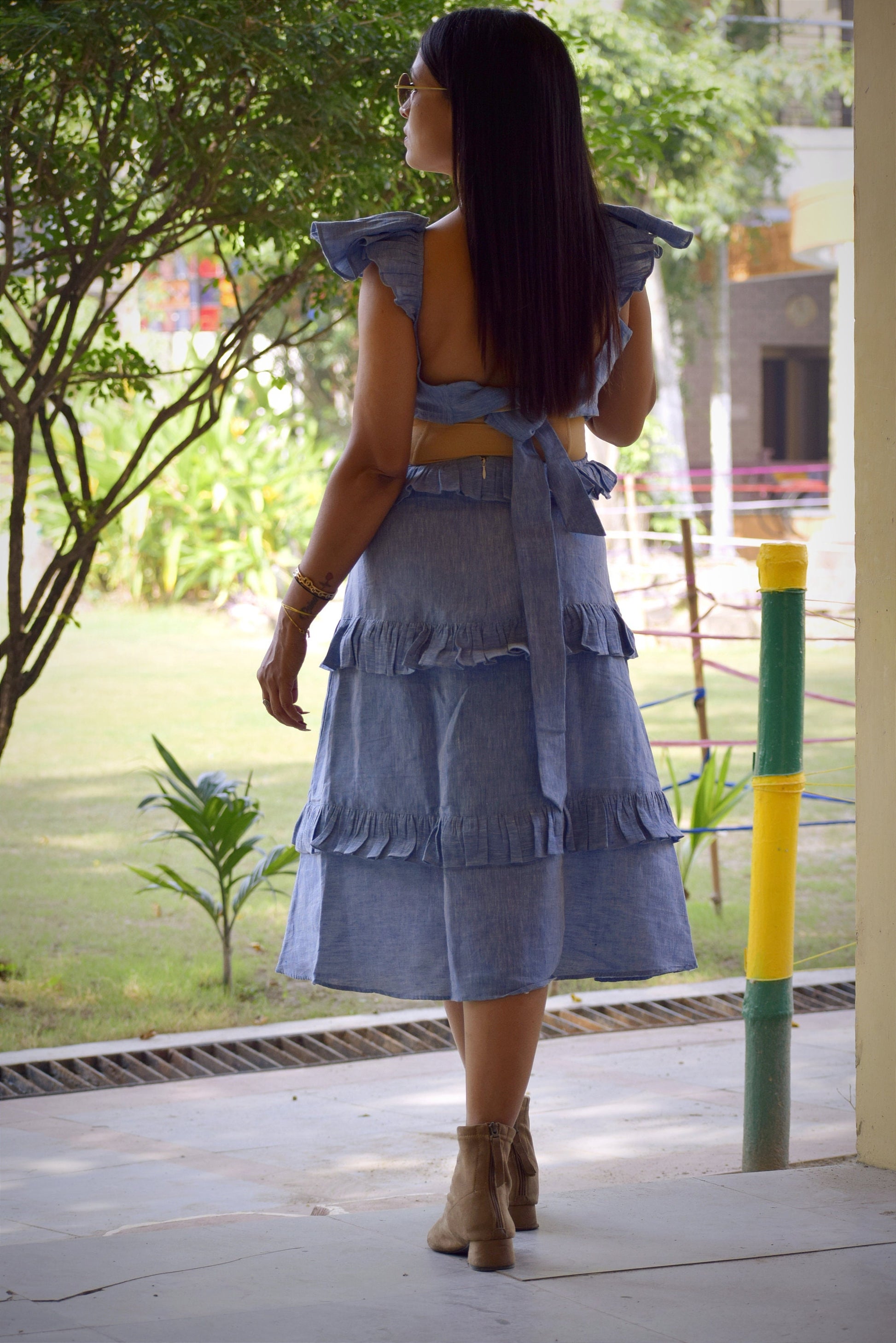 Madrid Sun Blue Multi-Tiered Linen Cotton Swing Dress - Frilled Sleeves