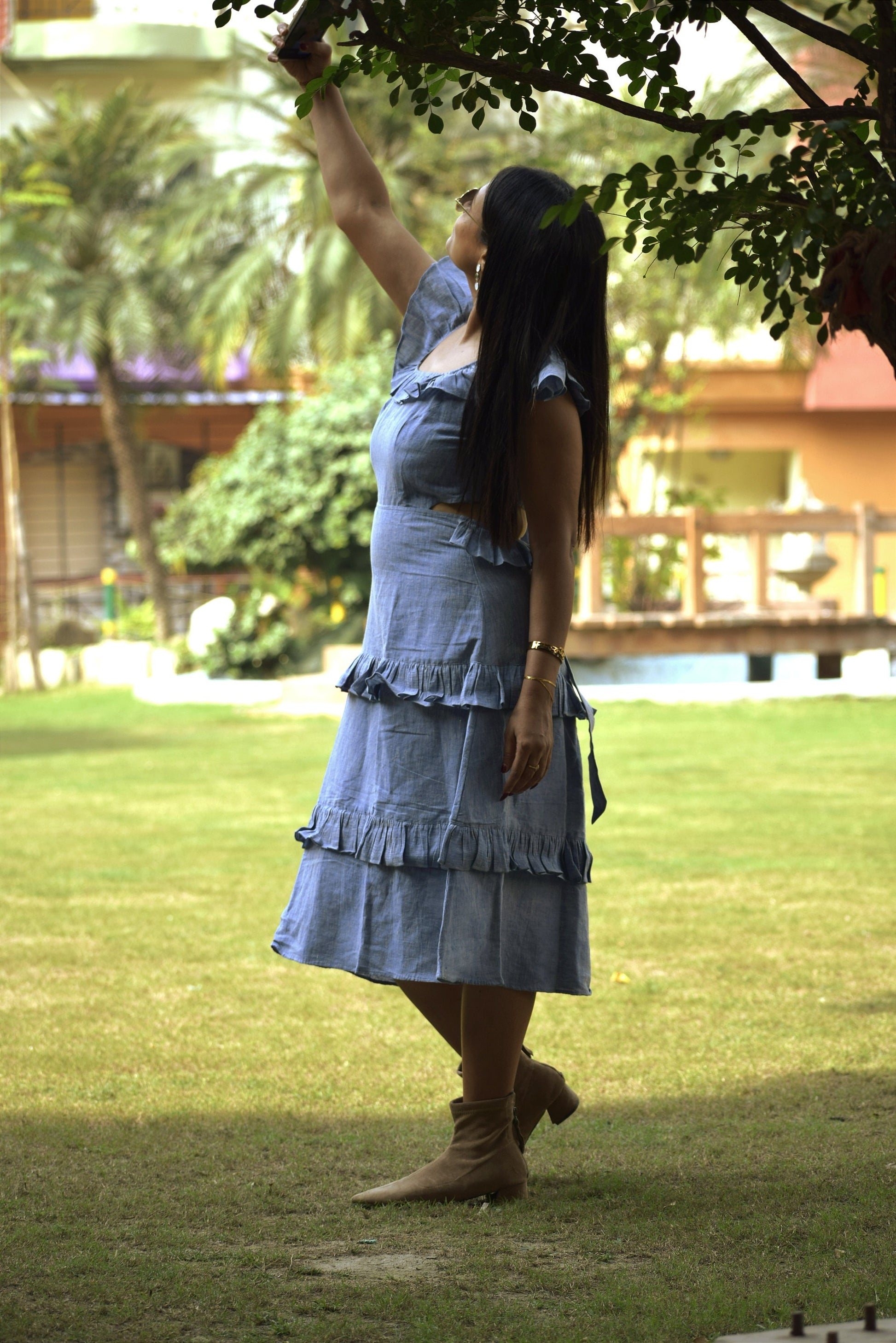 Madrid Sun Blue Multi-Tiered Linen Cotton Swing Dress - Frilled Sleeves