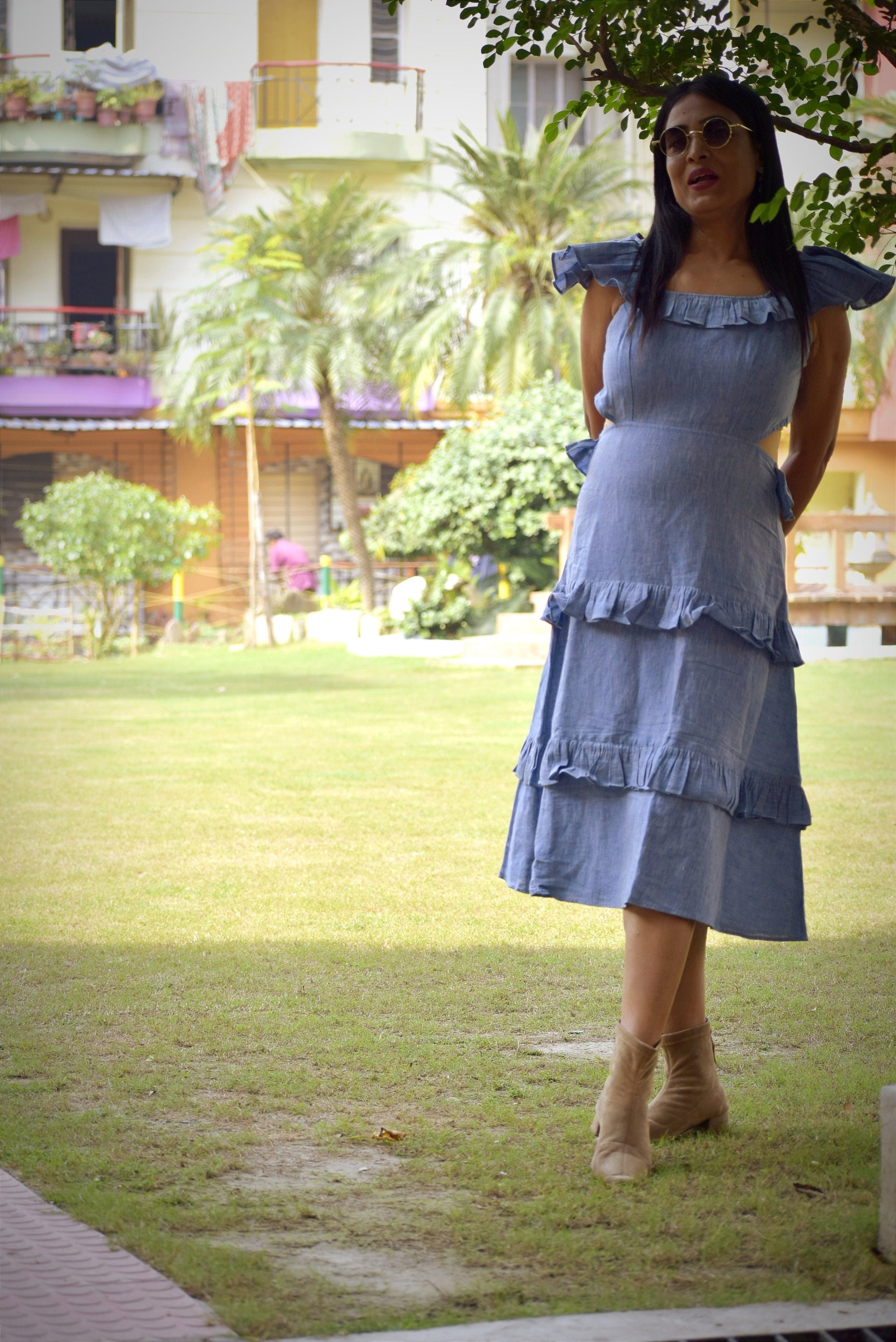 Madrid Sun Blue Multi-Tiered Linen Cotton Swing Dress - Frilled Sleeves