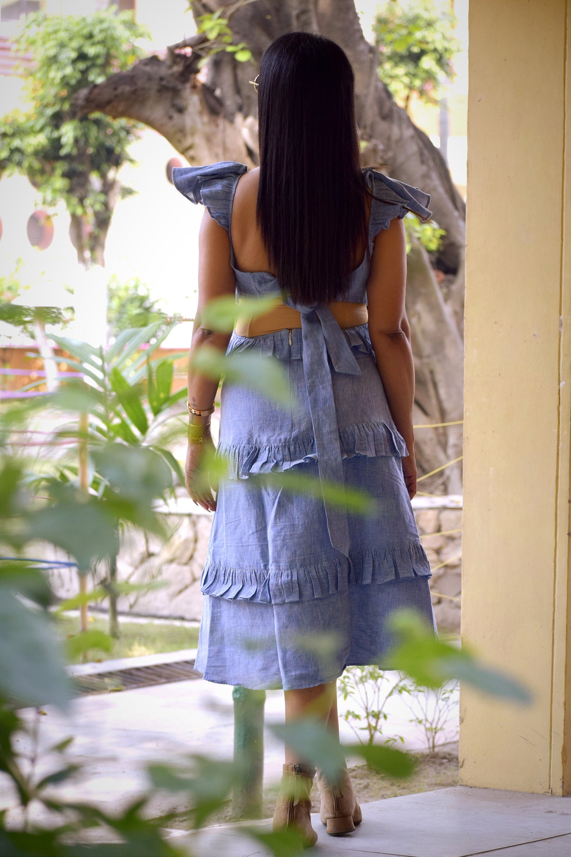 Madrid Sun Blue Multi-Tiered Linen Cotton Swing Dress - Frilled Sleeves