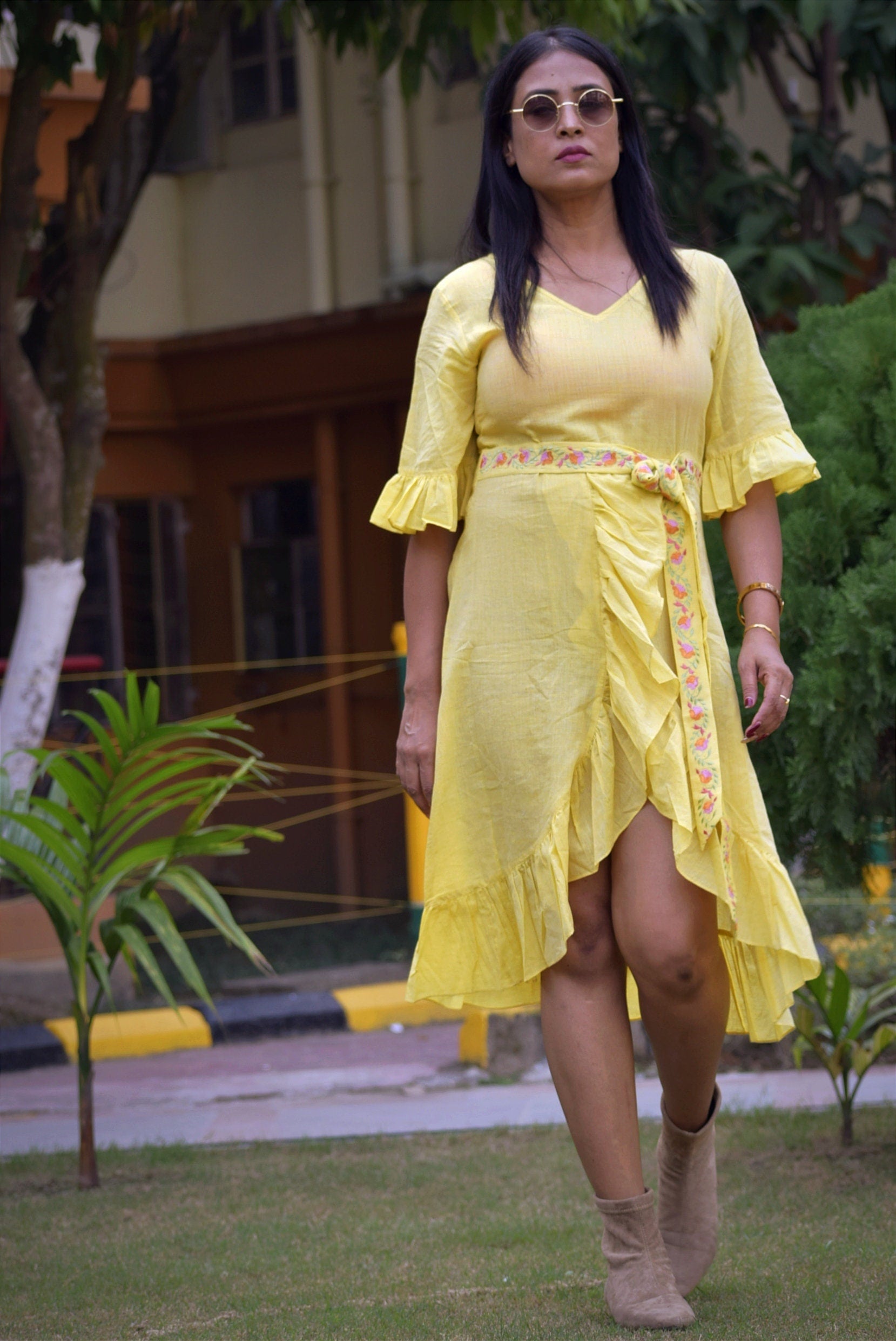 Yellow Pastel Linen Cotton Ruffled Bell Sleeve Midi Dress Embroidered Belt