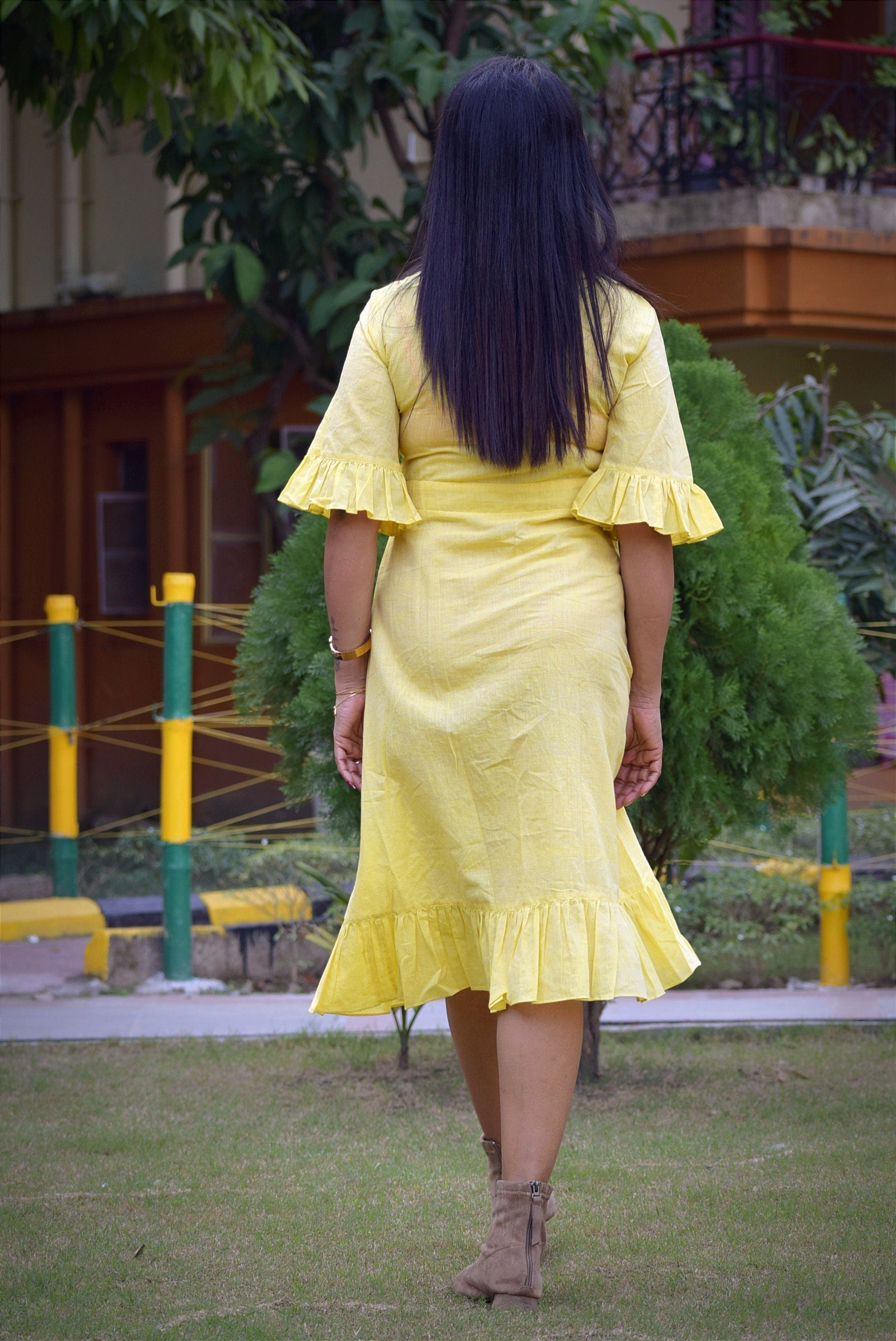 Yellow Pastel Linen Cotton Ruffled Bell Sleeve Midi Dress Embroidered Belt
