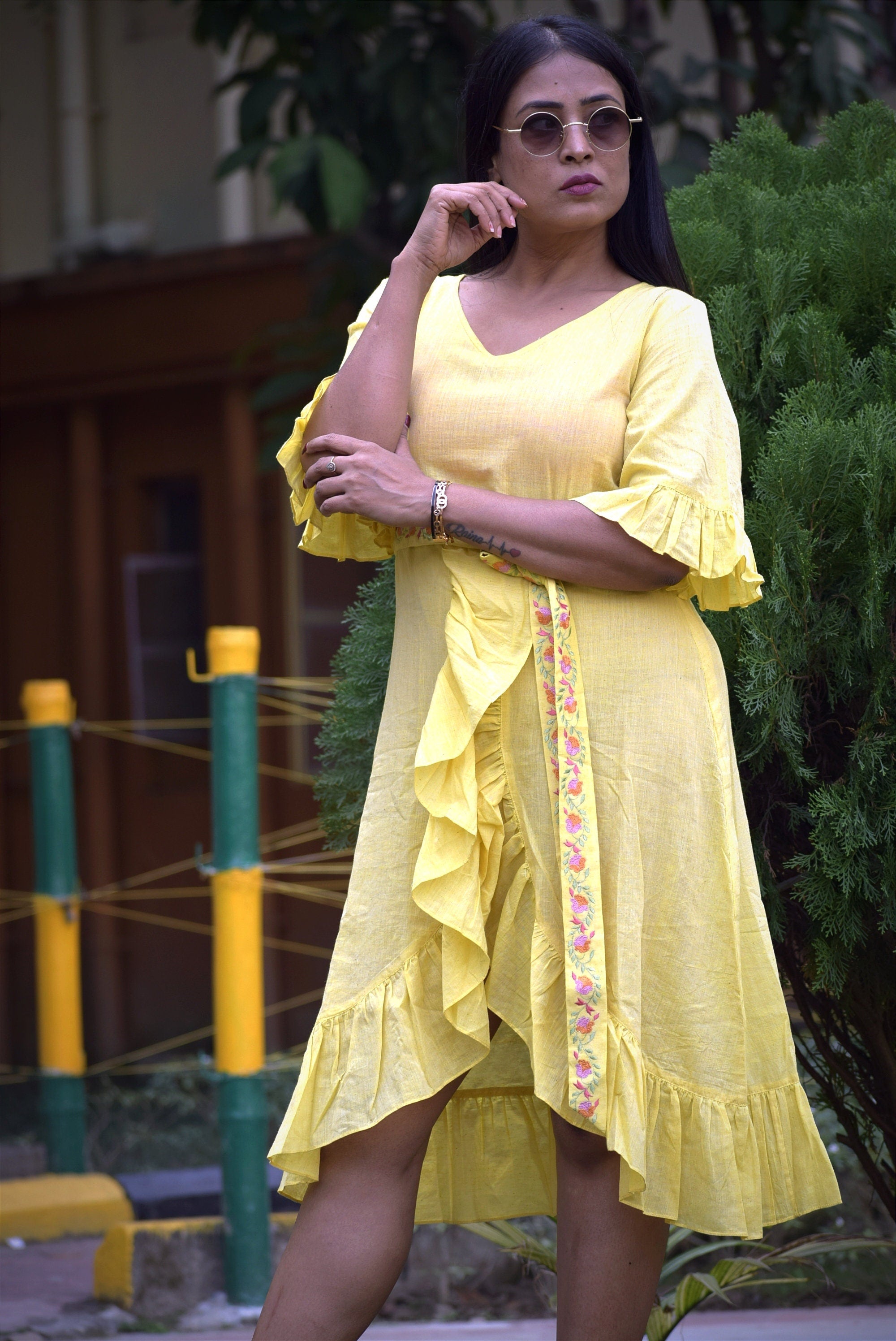 Yellow Pastel Linen Cotton Ruffled Bell Sleeve Midi Dress Embroidered Belt