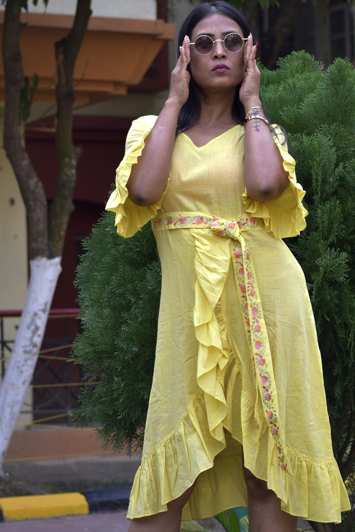 Yellow Pastel Linen Cotton Ruffled Bell Sleeve Midi Dress Embroidered Belt